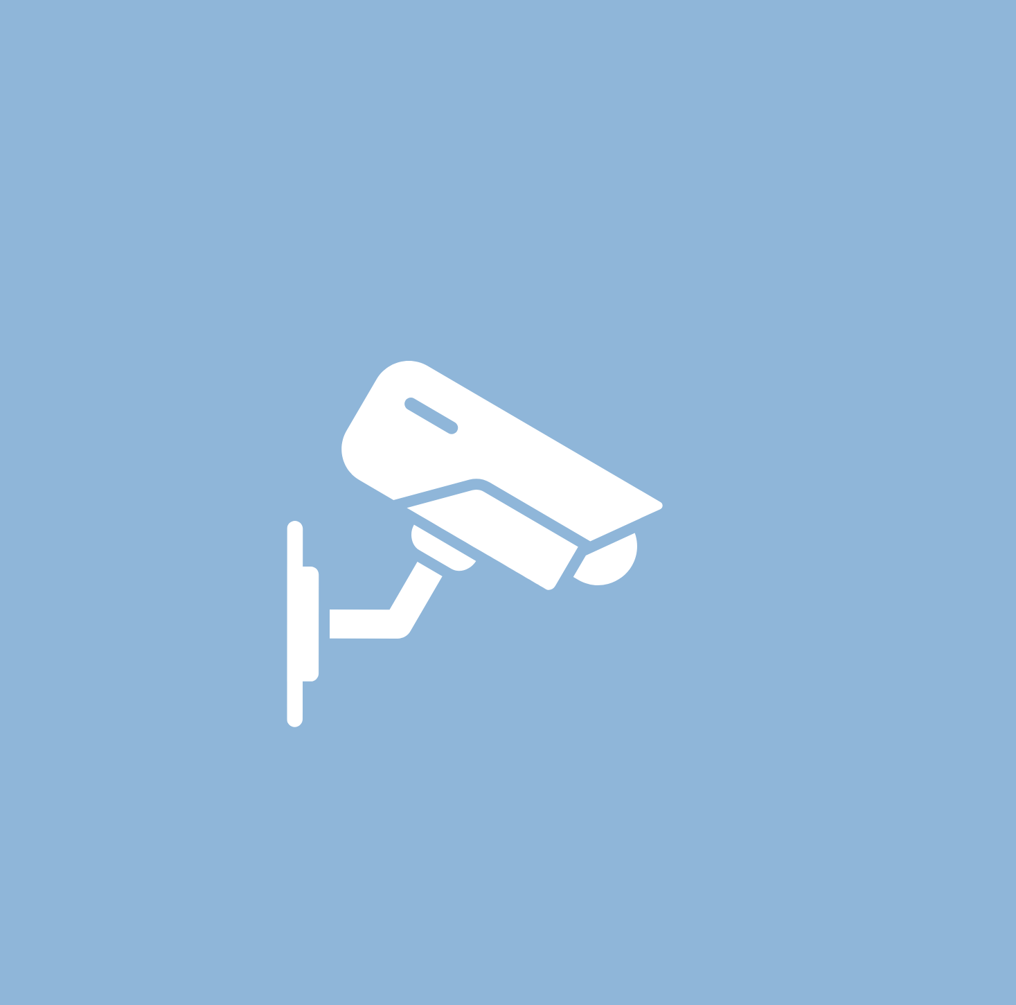 Icon of a hand holding a security camera on a blue background.