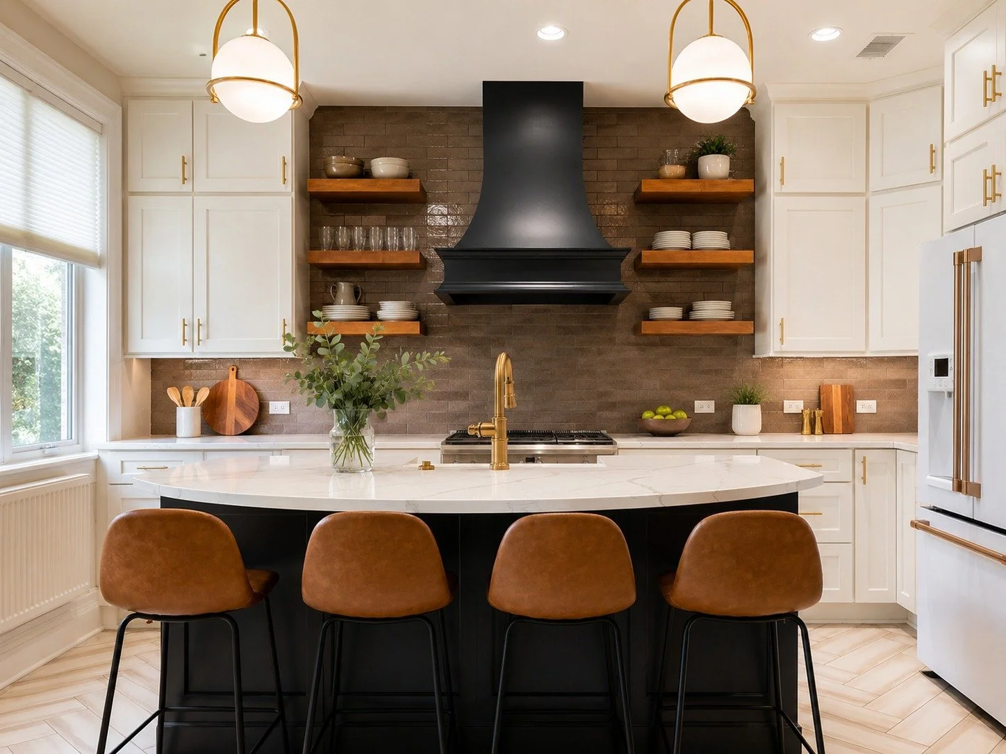 Proof that bold and warm belong in the same kitchen.

The black hood brings the drama, while creamy cabinetry, natural wood, and brass details keep the space inviting.

Which detail caught your eye first?