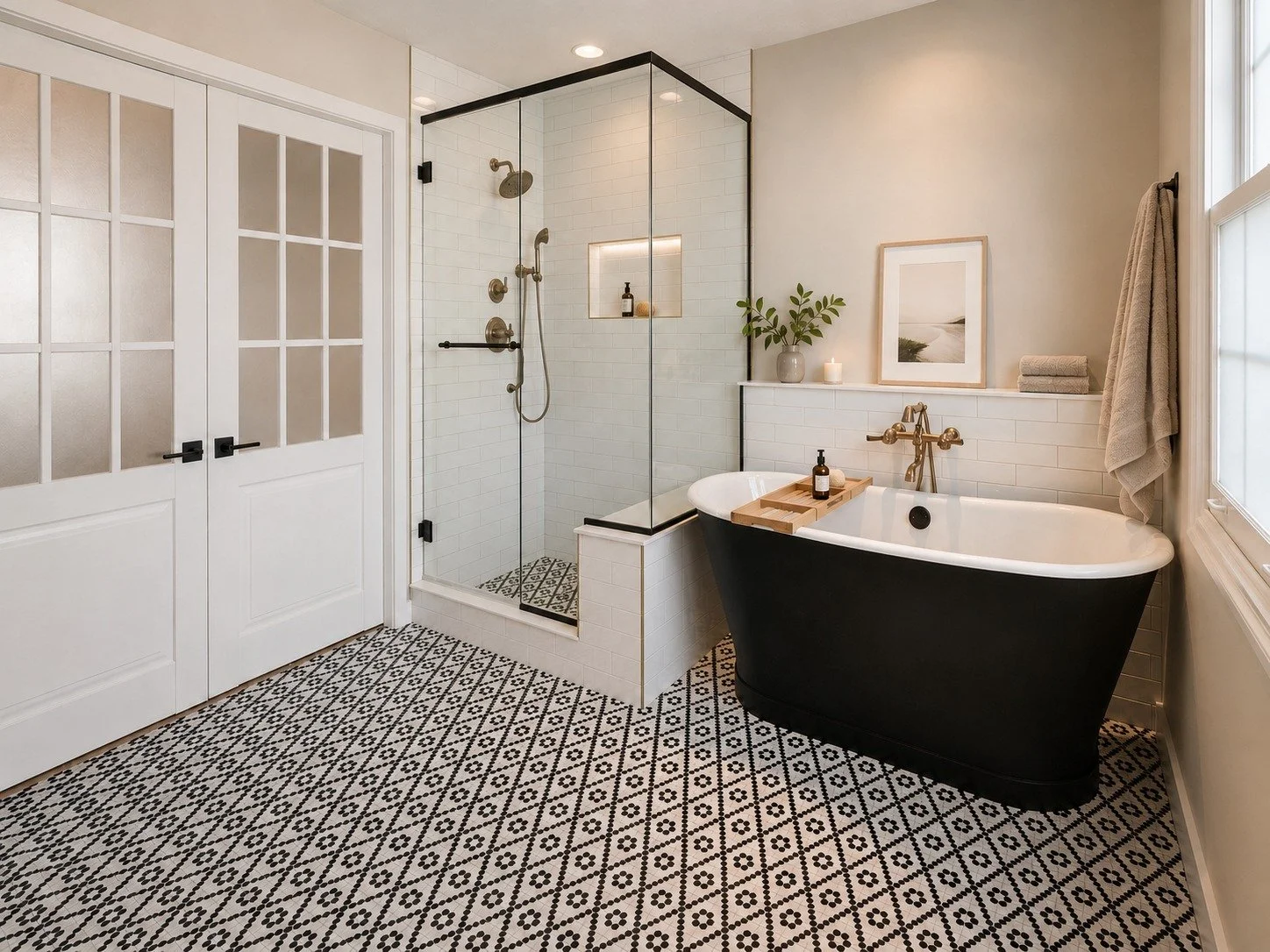 The floor is the moment in this bathroom. The diamond trellis penny round tile brings in just enough pattern to make the space feel memorable, without taking away from the black soaking tub and brass details.