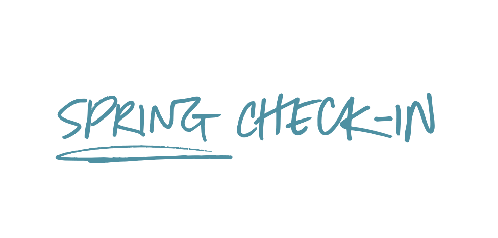 Spring check-in handwritten text on a white background.