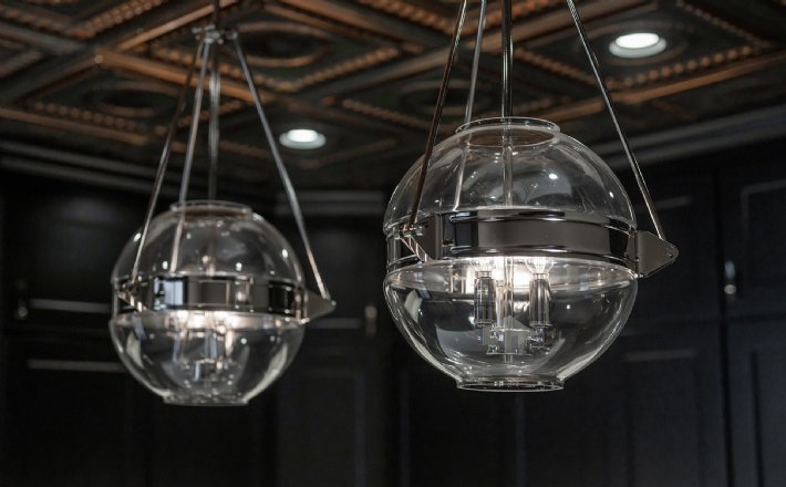 Two glass globe light fixtures with nickel hardware
