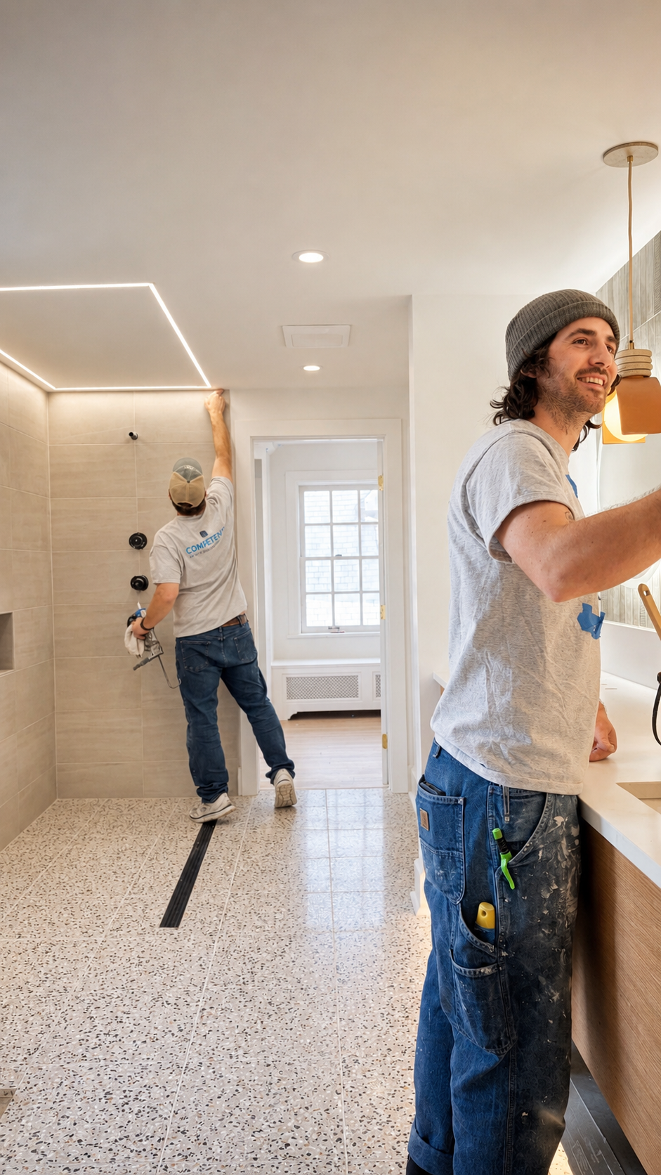 Two construction workers installing or finishing ceiling molding in a bathroom, one reaching up and the other smiling at the counter.