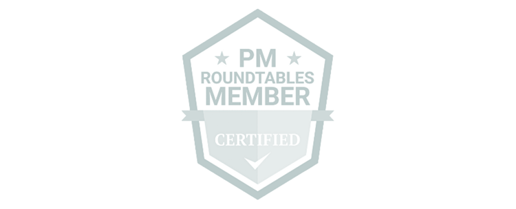 PM Roundtables member badge with certified label in light gray and white colors.