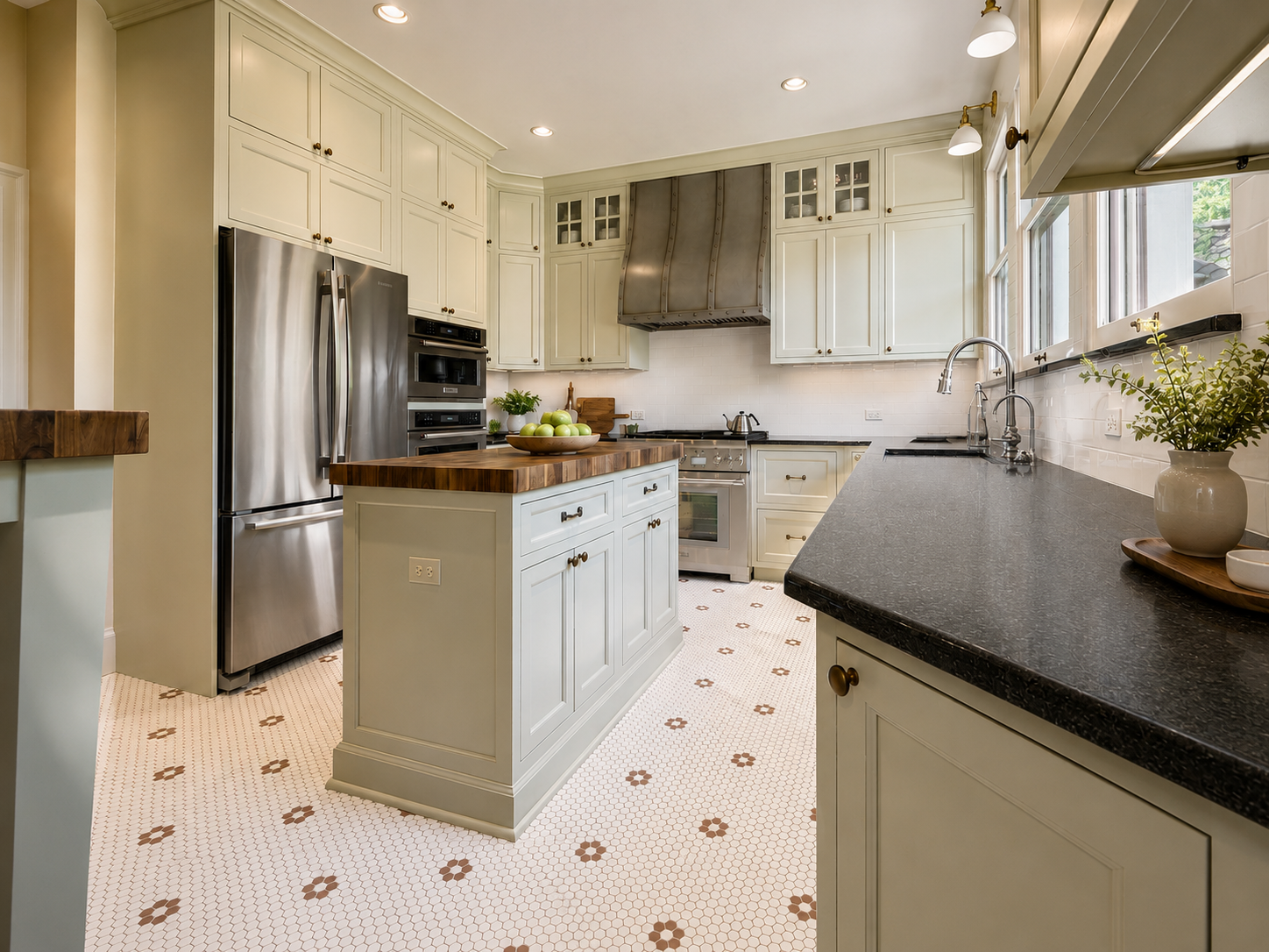 Kitchen with vintage tile floor and metal range hood