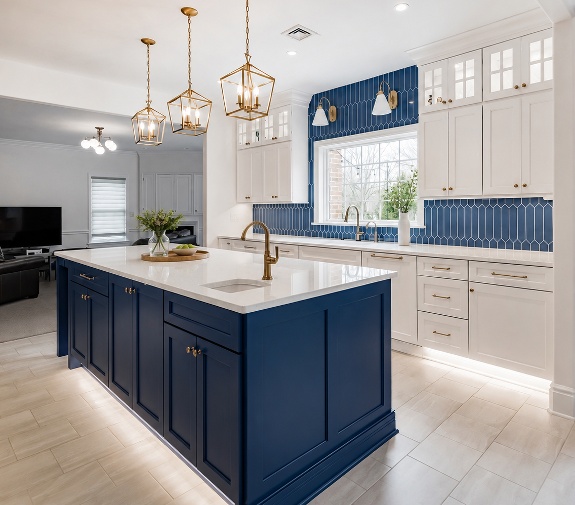 Updated kitchen with a dark blue island, white countertops and brass fixtures
