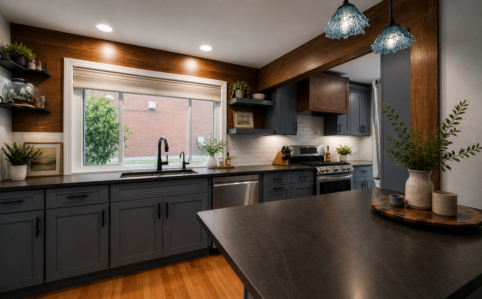 Updated kitchen with dark grey cabinets and soapstone countertops