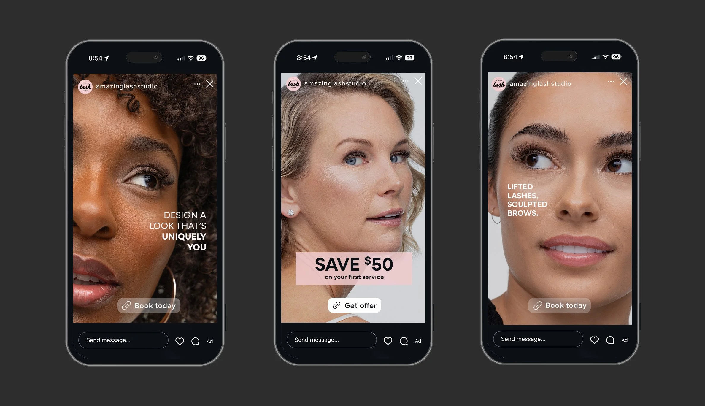 Three Instagram Story ads for Amazing Lash Studio: “Design a look that’s uniquely you,” “Save $50 on your first service,” and “Lifted lashes. Sculpted brows.
