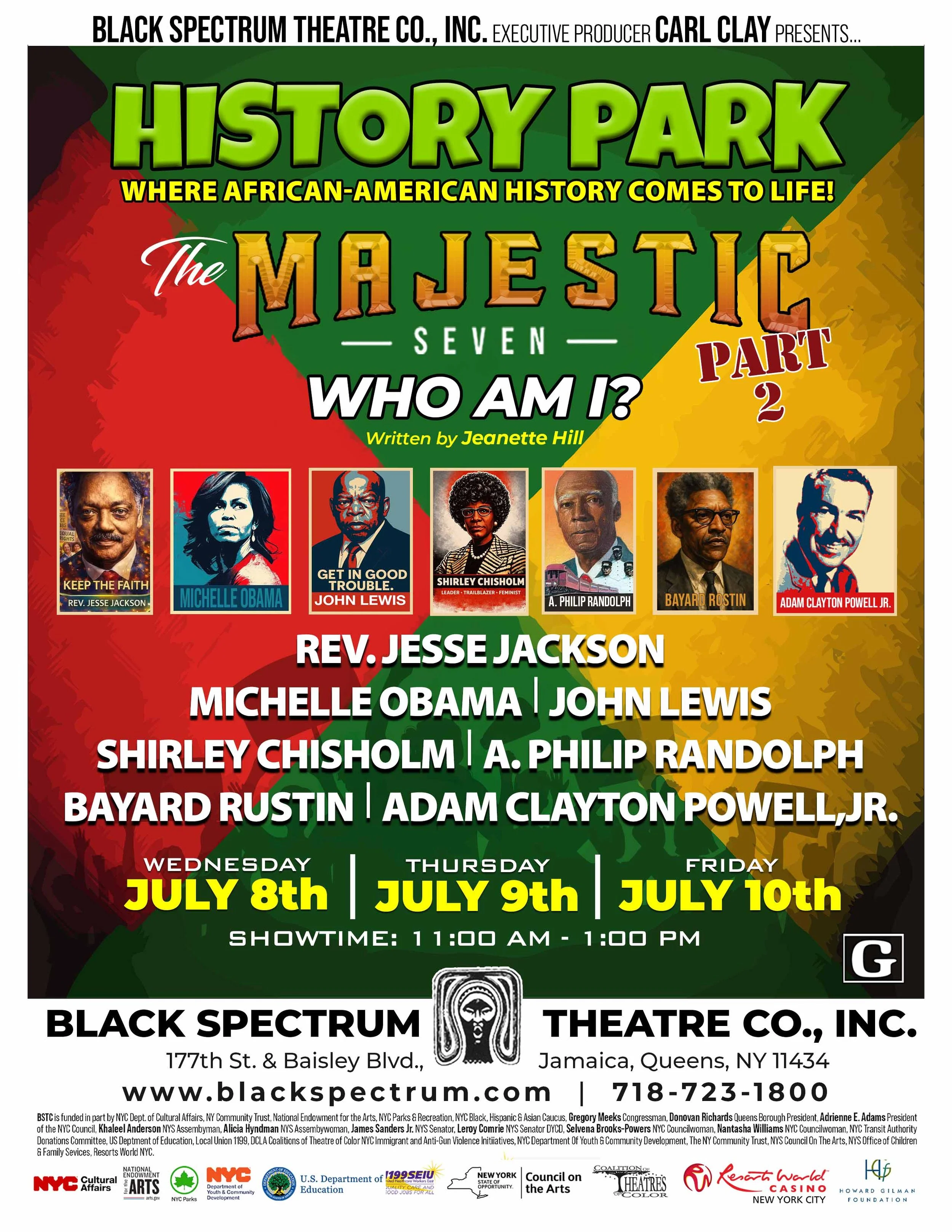 Poster advertising a series titled 'History Park: Who Am I? Part 2' featuring African American history figures, taking place at Black Spectrum Theatre from July 8th to July 10th, 2023, with showtimes at 11:00 am to 1:00 pm, presented by Black Spectrum Theatre. Contains images of famous African American individuals such as Rev. Jesse Jackson, Michelle Obama, John Lewis, Shirley Chisholm, A. Philip Randolph, Bayard Rustin, and Adam Clayton Powell Jr.
