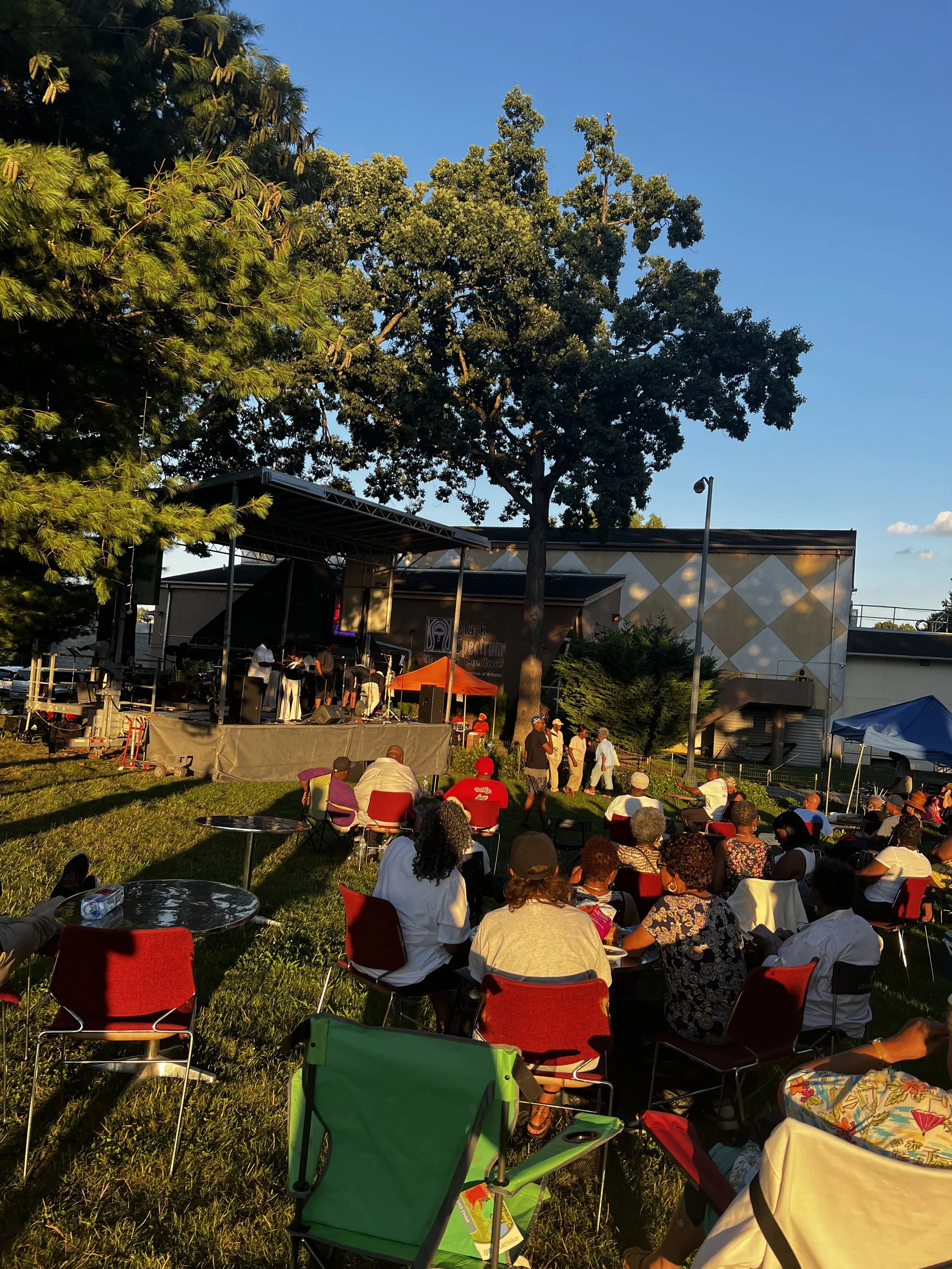 An outdoor concert with a band performing on stage, surrounded by an audience sitting on chairs and standing on the grass, with trees and a building in the background under a clear blue sky.