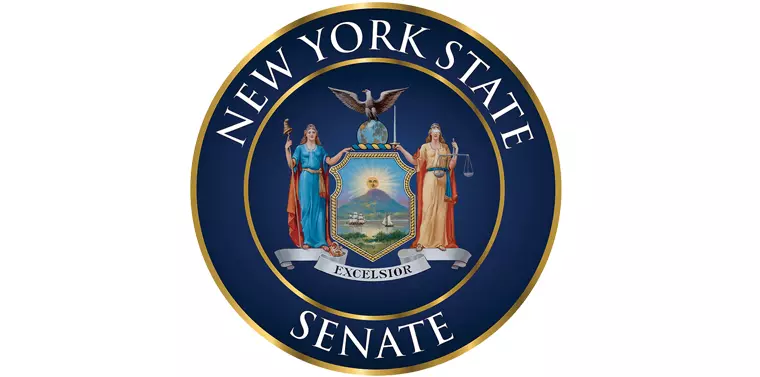 Seal of the New York State Senate featuring the state coat of arms with figures of Justice and Liberty, an eagle, and a mountain landscape.