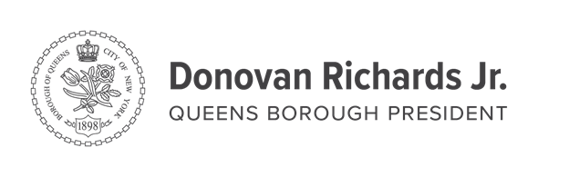 Logo of Queens Borough with the text "Donovan Richards Jr. Queens Borough President."