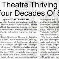 Partial view of a newspaper article titled 'Theatre Thriving Four Decades Of' by Andy Altamirano.