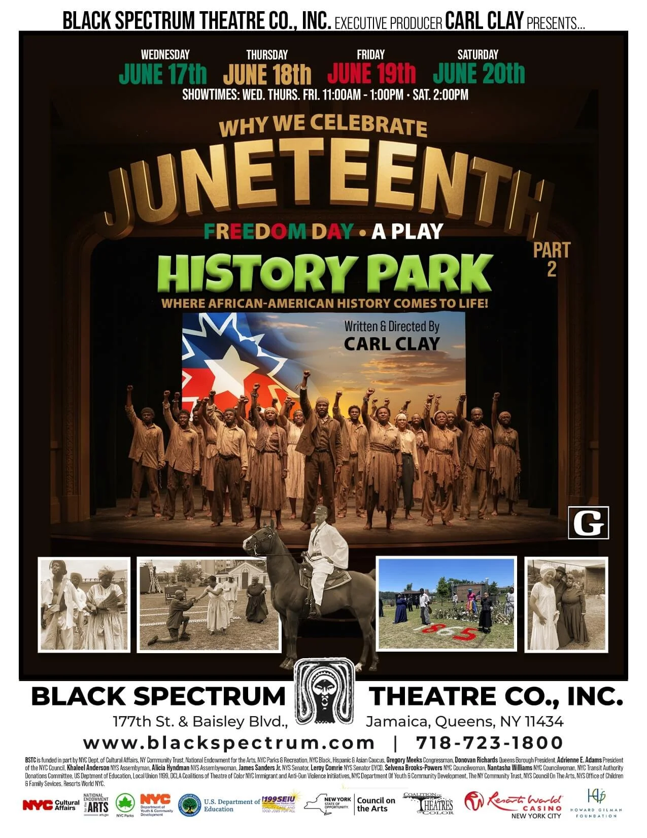 Poster advertising a theatrical performance of 'Juneteenth History Park' by Black Spectrum Theatre Co., Inc. with showtimes from June 17 to June 20. The poster features a group of African American actors on stage, with images of black community activities and organization logos at the bottom.