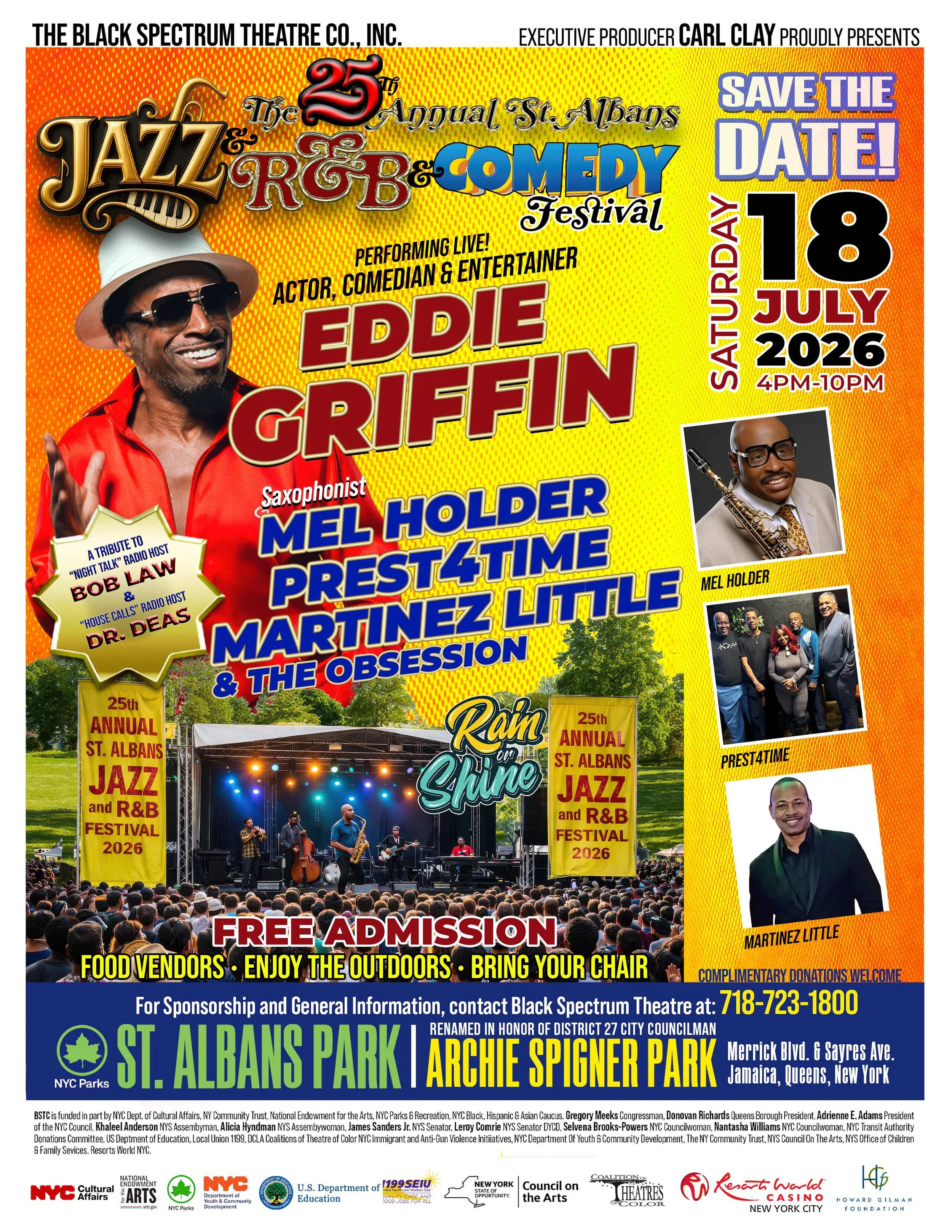 Poster for the 25th Annual St. Albans Jazz and R&B Festival in New York City, July 18, 2026, from 4 PM to 10 PM, featuring jazz, R&B, comedy, and live performances including Eddie Griffin and Mel Holder. Highlights include free admission, food vendors, outdoor enjoyment, and bringing chairs, held at St. Albans Park, Archie Spigner Park, in Jamaica Queens. The event is sponsored by various organizations and city officials.