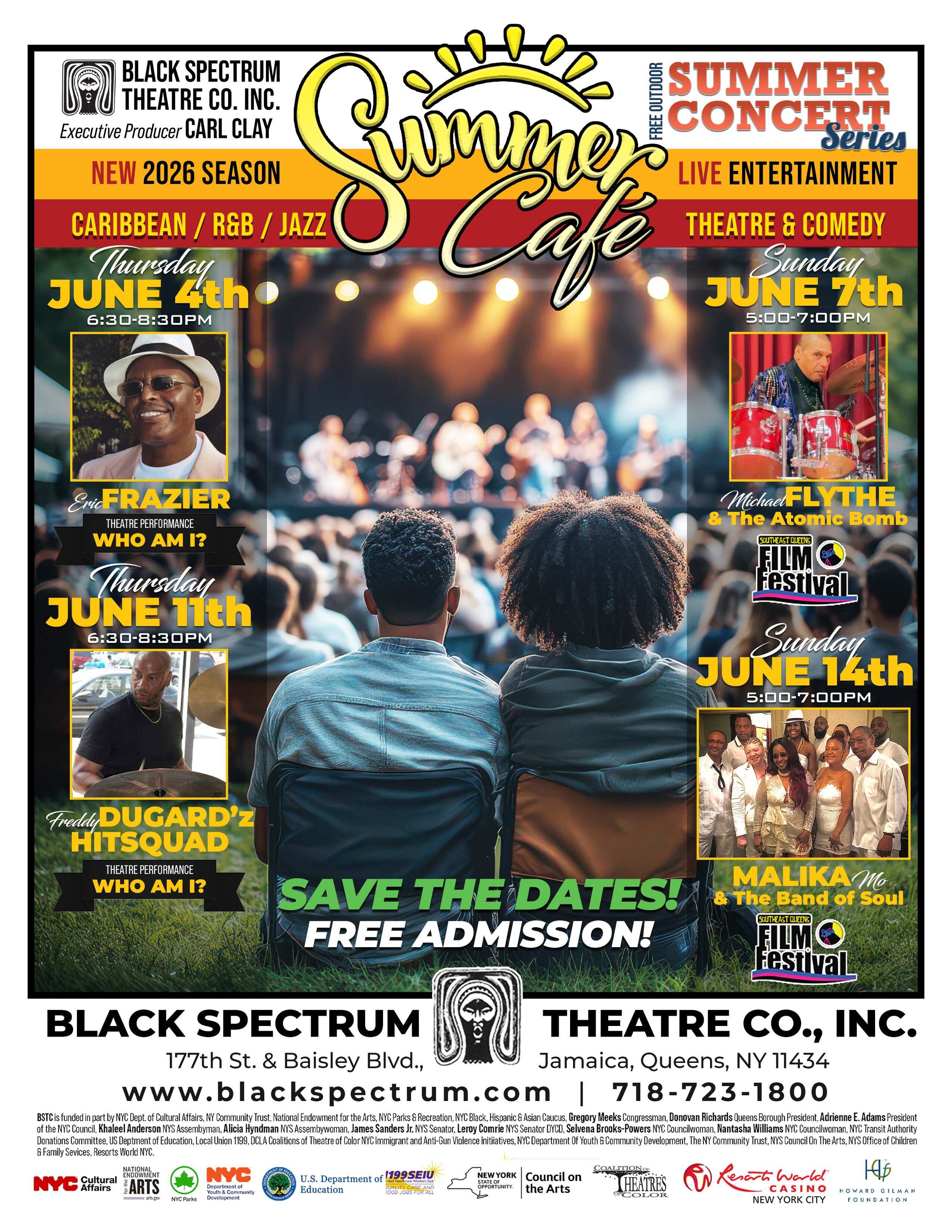 A poster for the Summer Cafe series at Black Spectrum Theatre Co. Inc. announces free outdoor summer concerts featuring Caribbean, R&B, jazz music, theater, and comedy. Dates include June 4th, June 7th, June 11th, and June 14th, with performances by various artists. The poster includes images of performers, event details, and logos of sponsors and partners.