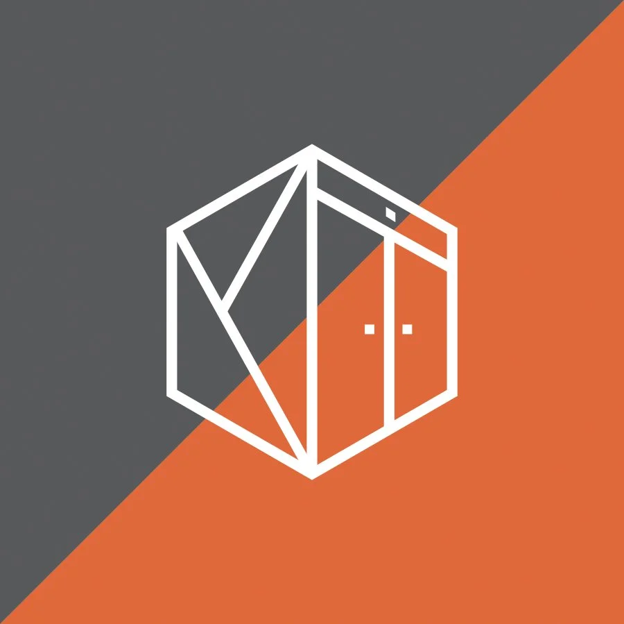 Minimalist white outline of a 3D cabinet with two doors, set against a background divided diagonally into dark gray and orange sections.