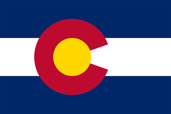 Colorado state flag with a blue background, white horizontal stripe, and a central red circle with a yellow center.