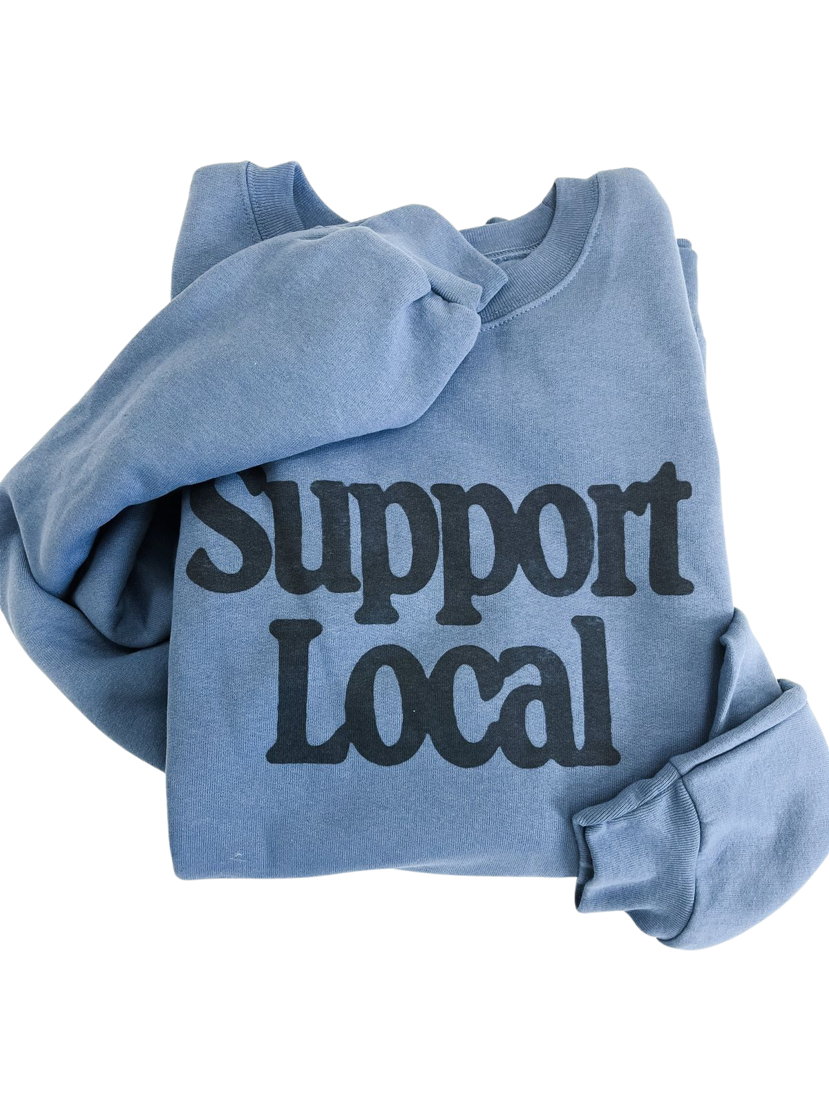 A folded light blue sweatshirt with the words "Support Local" printed on it in dark letters.