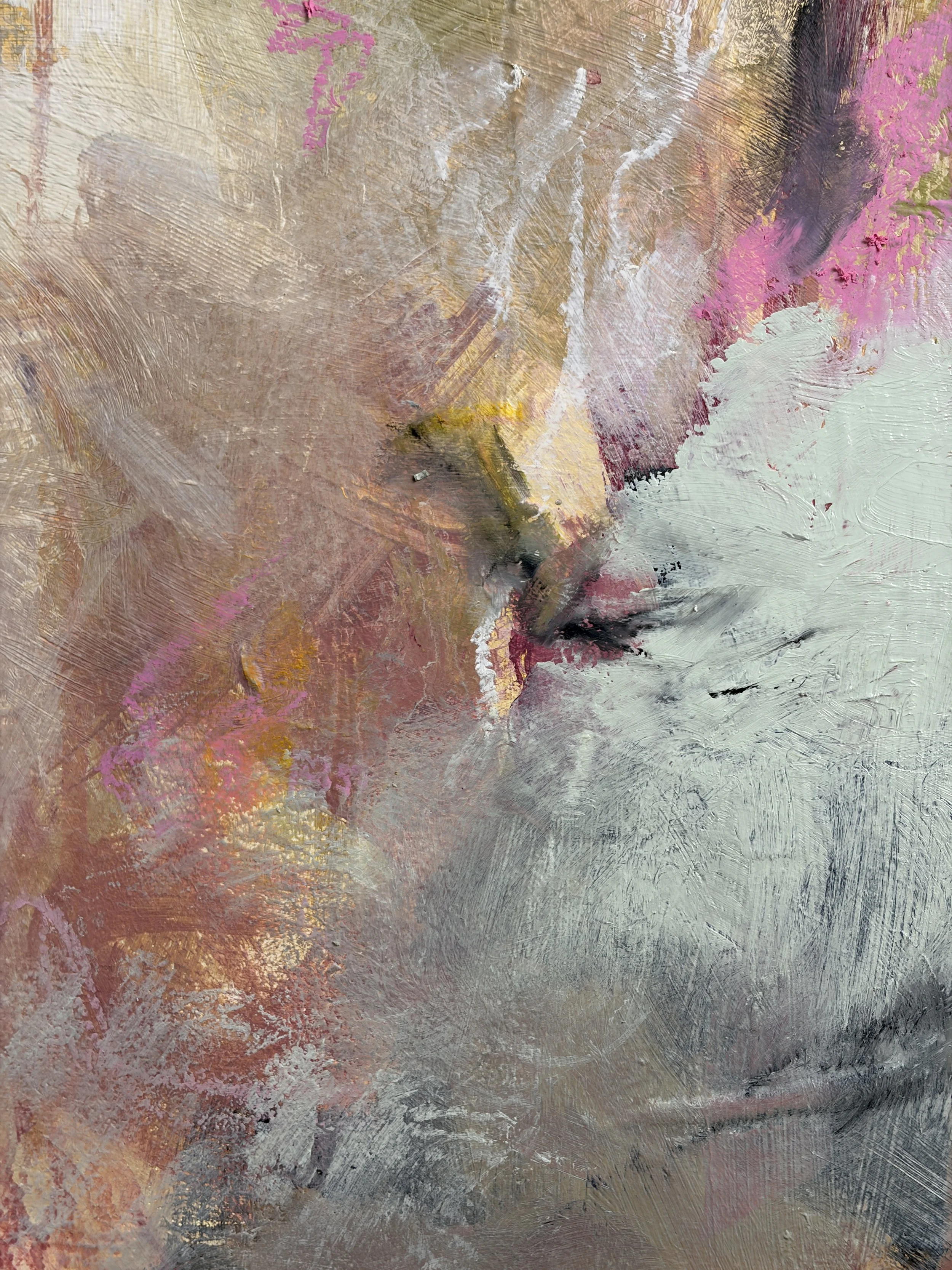 Abstract painting with textured brushstrokes in shades of beige, pink, gold, gray, black, and white.