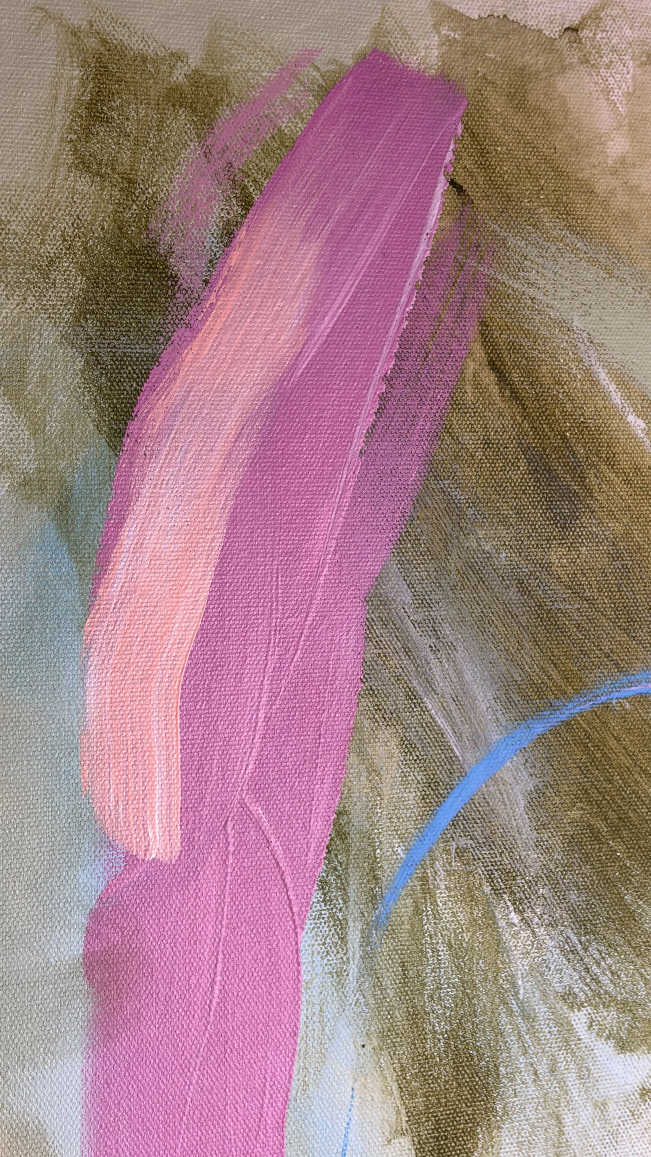 An abstract painting featuring bold strokes of pink, tan, brown, and hints of blue with textured layers.