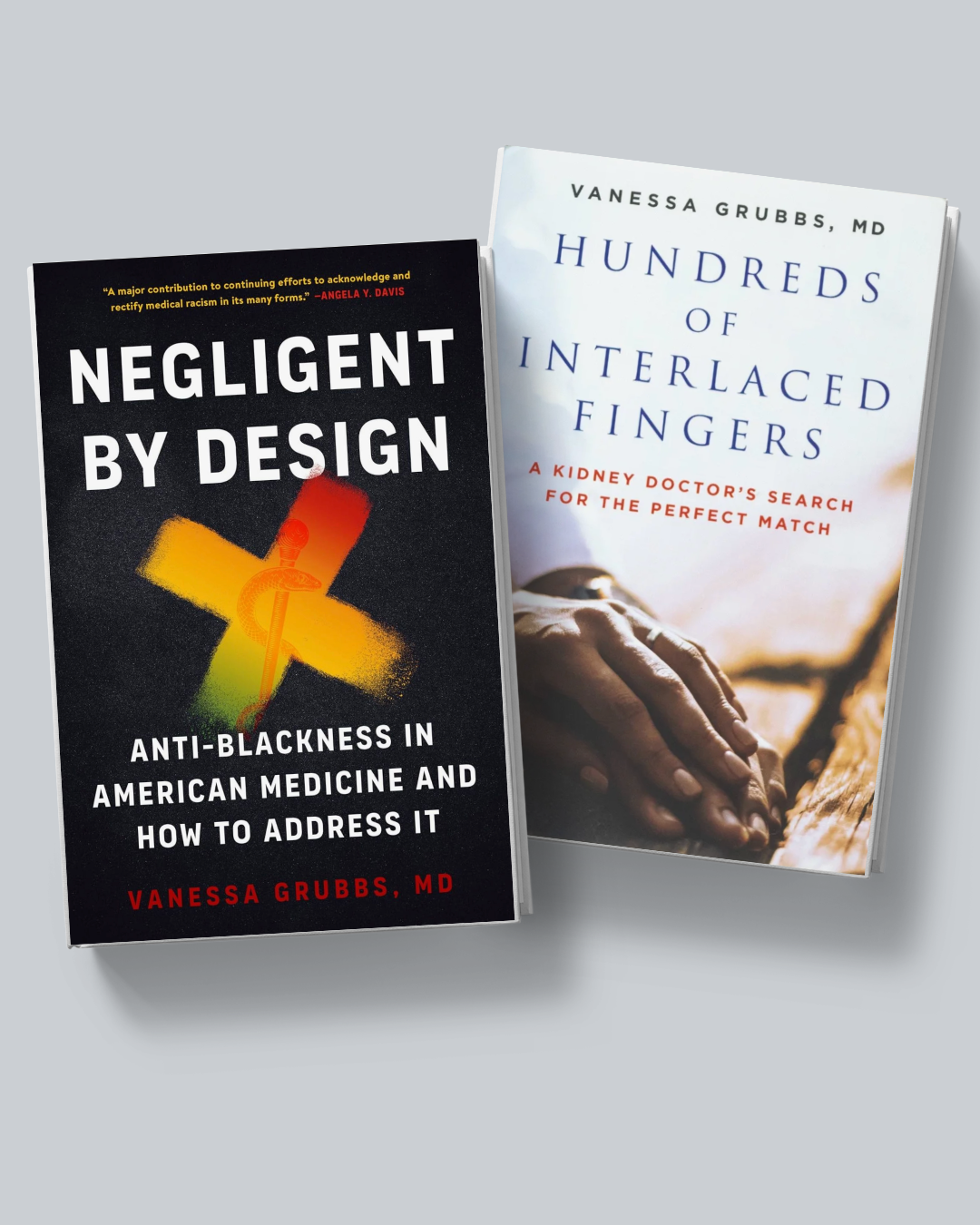 Two books, one titled 'Negligent by Design' with a black cover and a medical cross symbol, and the other titled 'Hundreds of Interlaced Fingers' with a photo of hands clasped together, placed on a gray surface.