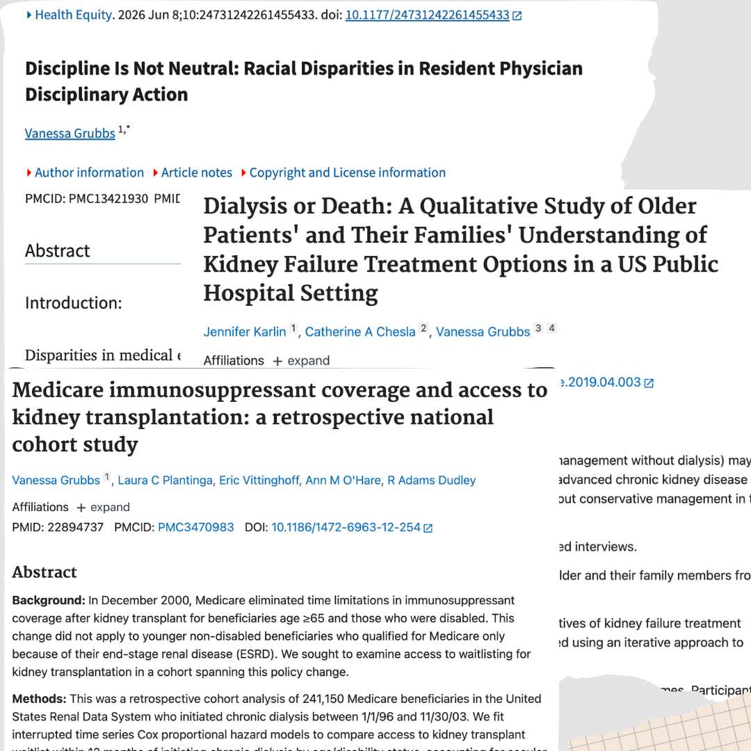 Screenshot of a research article webpage showing titles related to kidney treatment and disparities in healthcare, including author names, abstracts, and publication details.