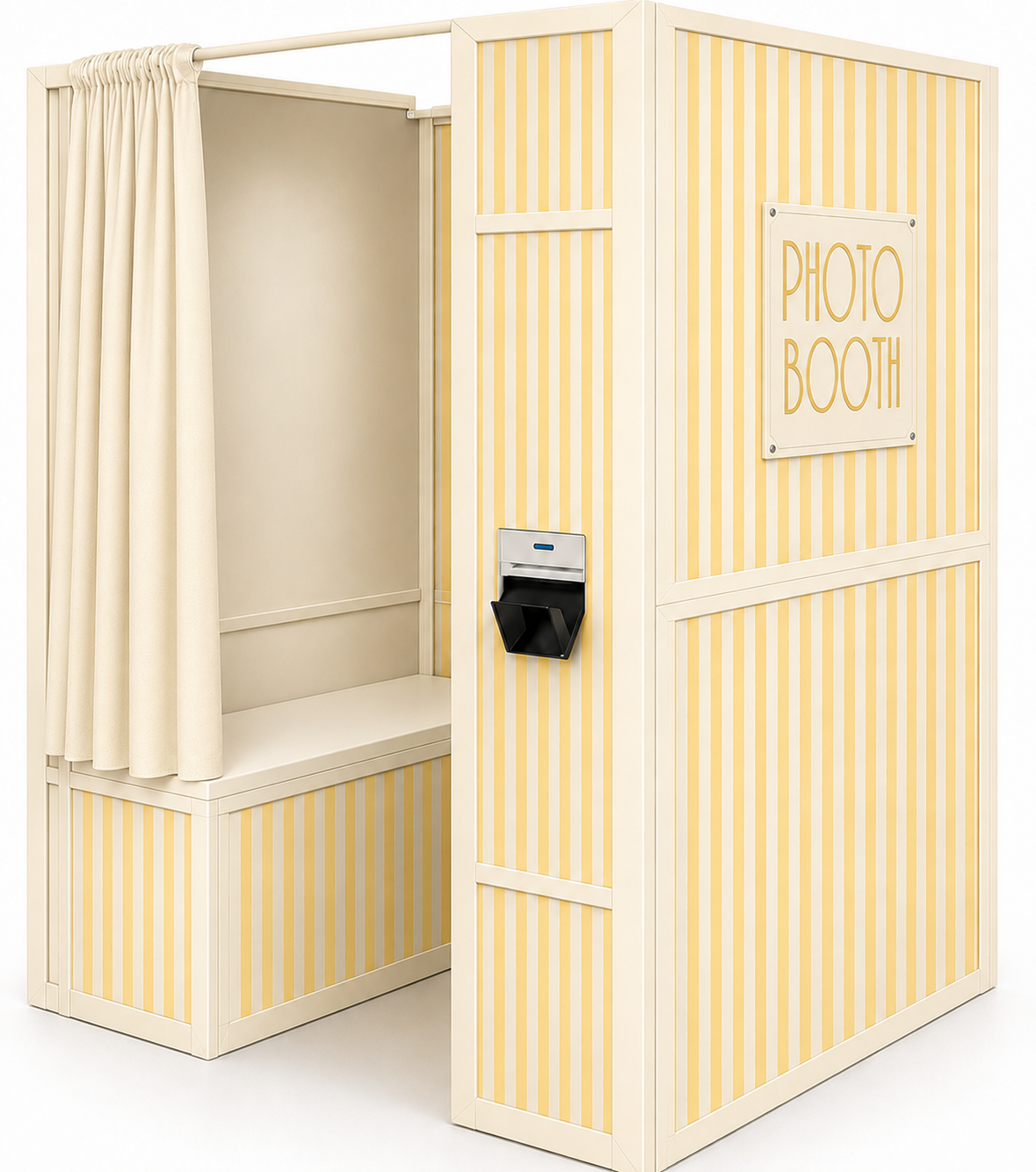 Photo booth with yellow and white striped walls, a sign that says 'Photo Booth,' a black scanner on the side, and cream curtains for photos.