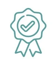 A certification or quality assurance badge with a checkmark in the center.