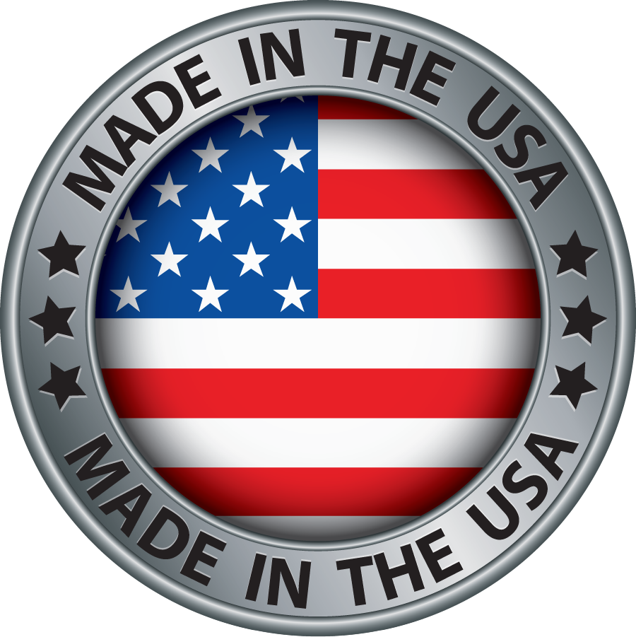 A circular badge with the American flag in the center and the words "Made in the USA" written around the border.