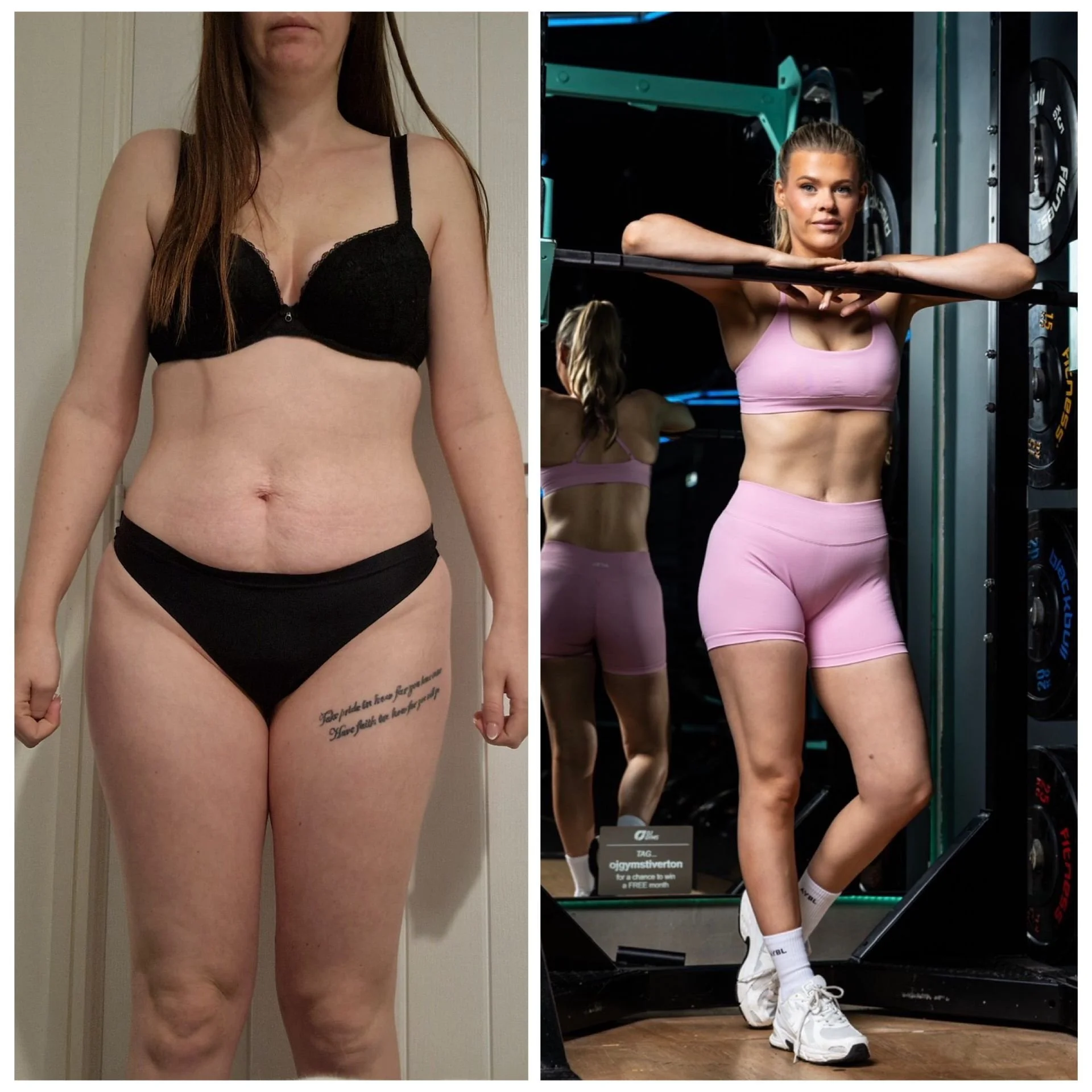 Comparison of a woman's body in two different settings: on the left, she is standing casually in underwear with a visible tattoo on her lower abdomen, and on the right, she is at the gym wearing workout attire, leaning on a resistance machine, with her arms extended and head slightly turned.