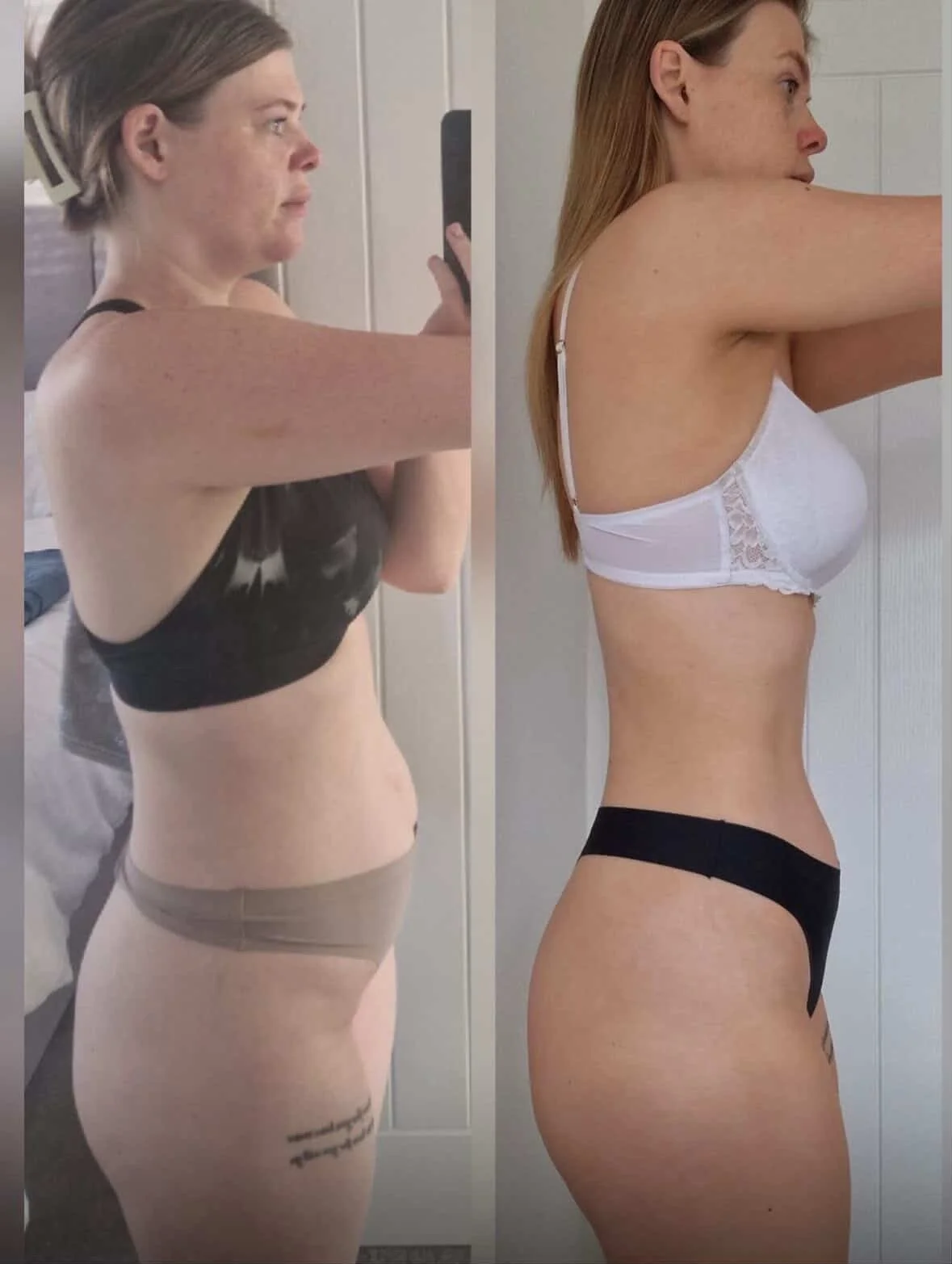 Side-by-side comparison of a woman showing weight loss progress, wearing different bras with a neutral background.