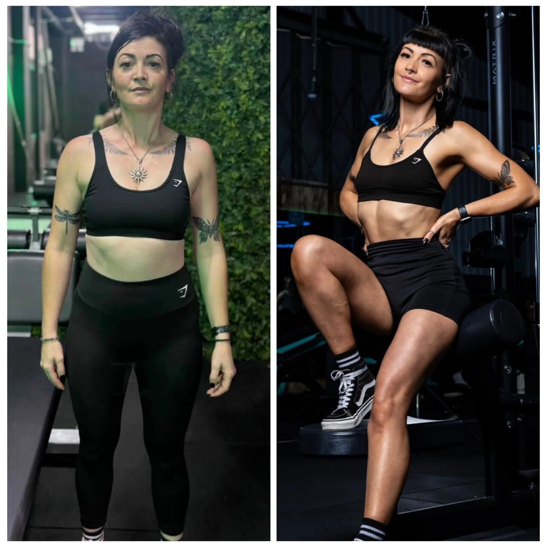 Side-by-side photos of two women in fitness clothing. The woman on the left stands outdoors with greenery in the background, wearing a black sports bra, black leggings, and striped socks, with tattoos on her arms. The woman on the right is indoors at a gym, sitting on a workout machine, wearing a black sports bra, black shorts, and striped socks, with tattoos on her arms and upper chest.