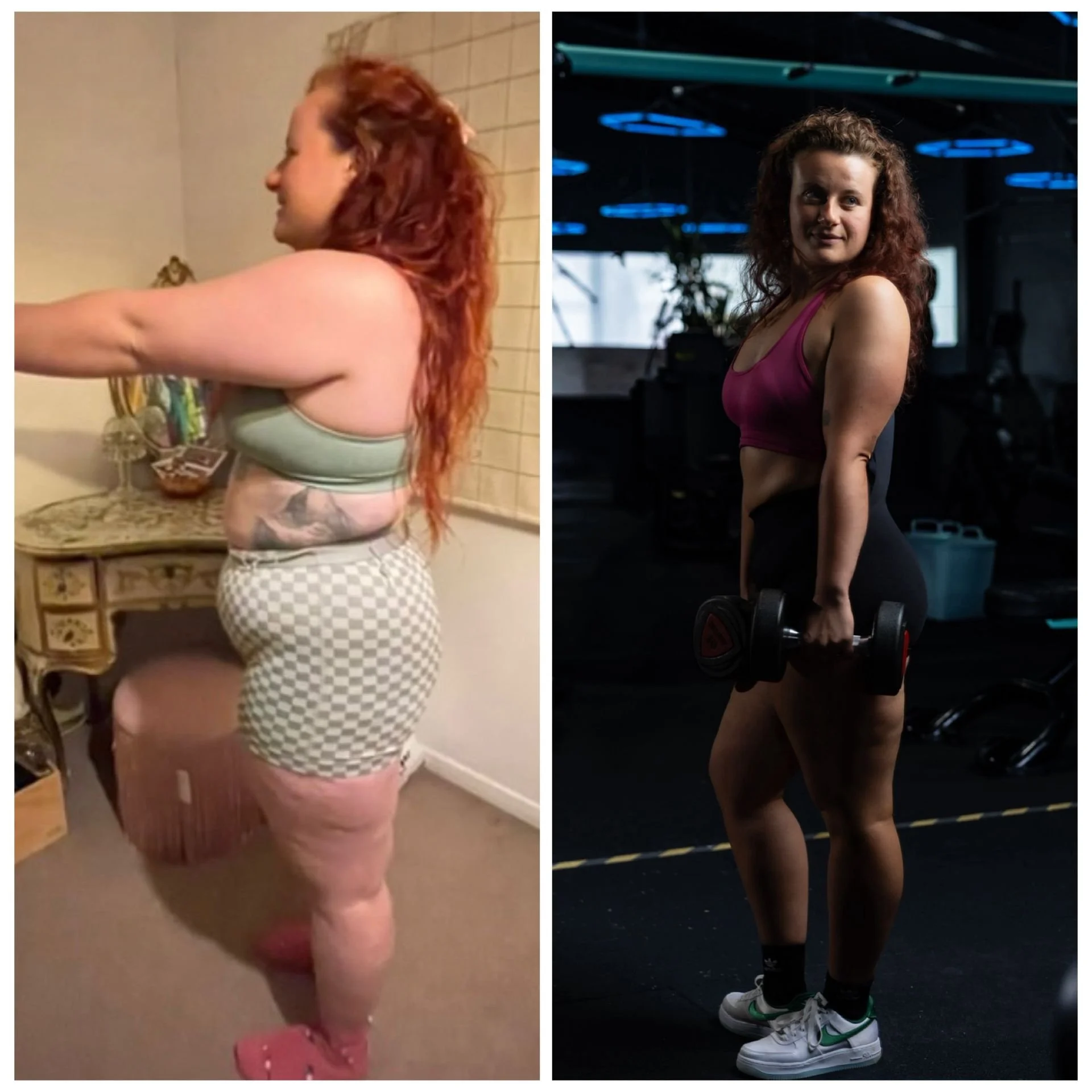 Comparison of a woman's side profile before and after fitness transformation, showing weight loss and muscle toning.