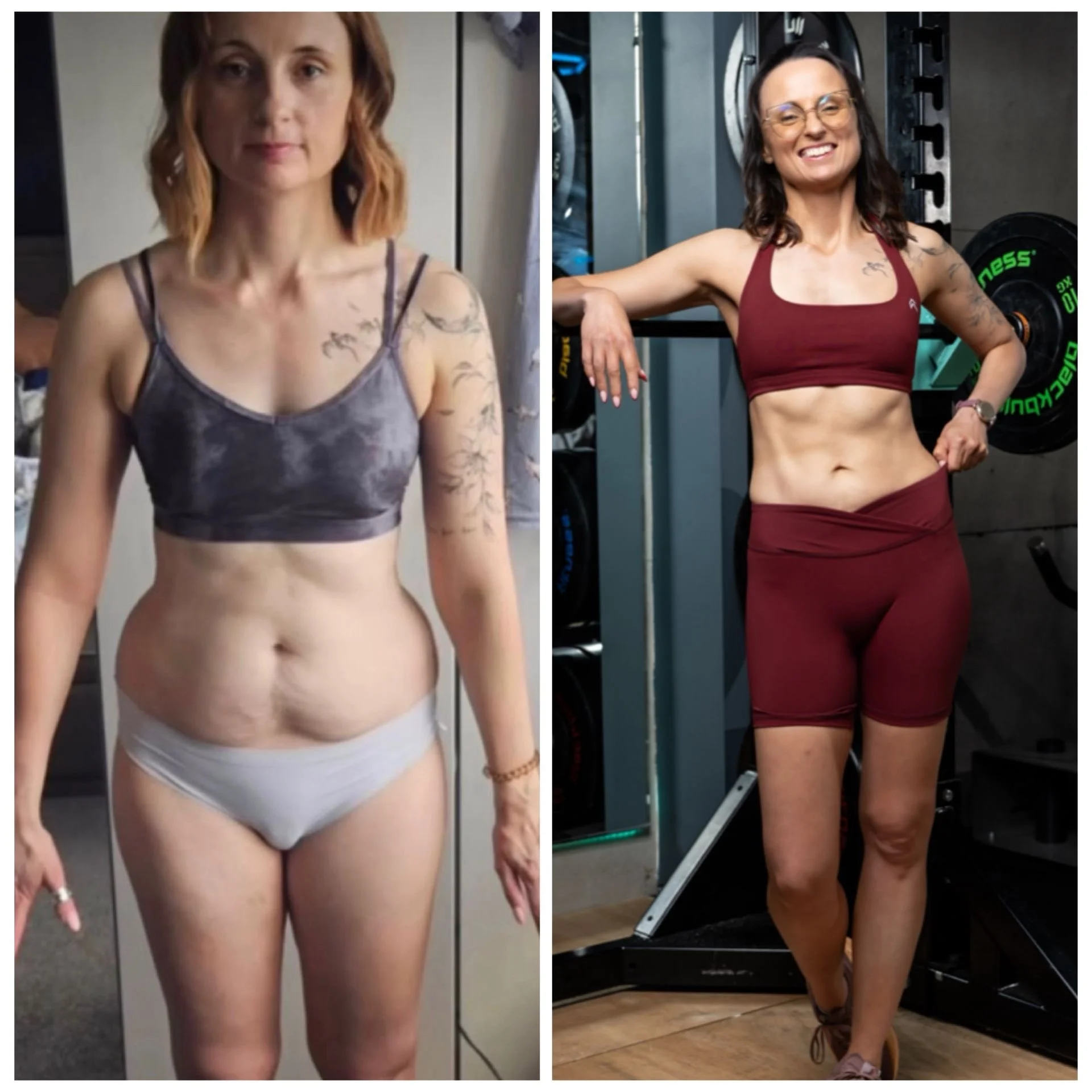 Side-by-side photos of a woman before and after fitness transformation. On the left, the woman has a fuller figure, tattoos, and is wearing a gray sports bra and white underwear. On the right, she has a toned and muscular physique, tattoos visible, and is wearing a maroon sports bra and matching shorts, smiling in a gym setting.