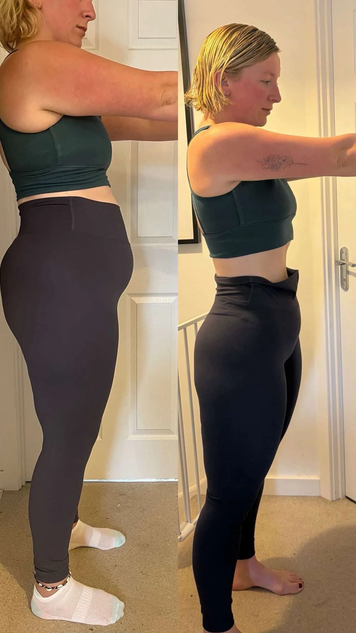 Side-by-side comparison of a woman before and after fitness transformation, showing weight loss progress.
