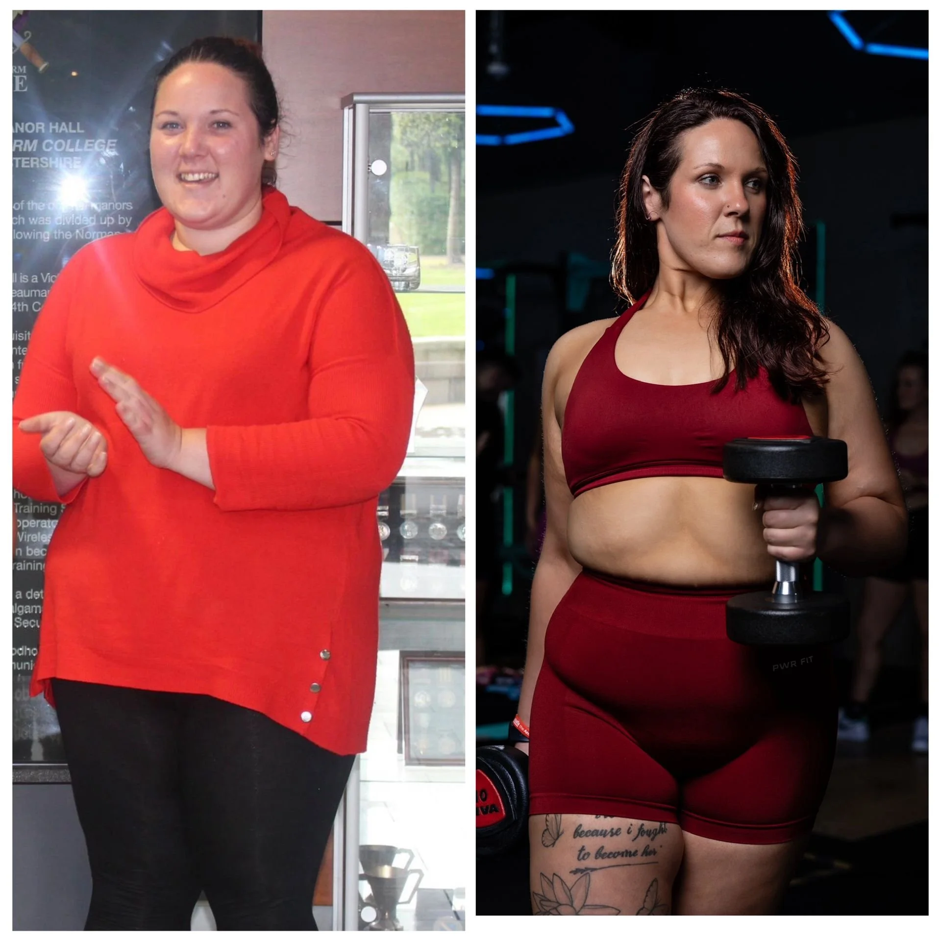 Side-by-side photos of two women, the left woman wearing a red long-sleeve top and black pants, smiling with her hands in front of her. The right woman wearing a red sports bra and matching shorts, holding a dumbbell, with tattoos on her arm and a serious expression in a gym with neon lights.