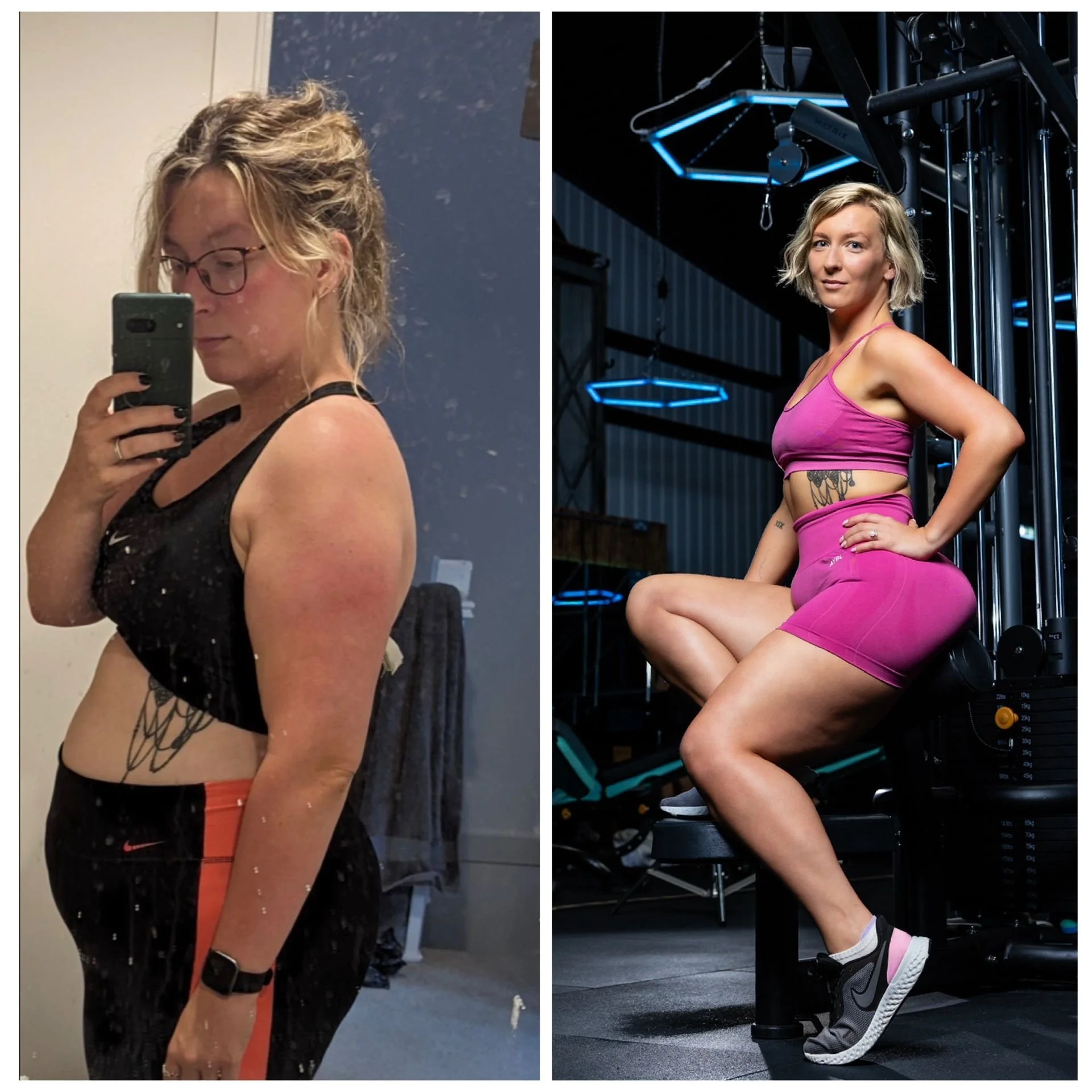 Side-by-side photos of a woman before and after a workout. In the left photo, she is taking a mirror selfie, wearing glasses, a black sports top, and has workout marks on her face. In the right photo, she is posing in a gym, wearing a pink sports bra and shorts, with a confident expression.