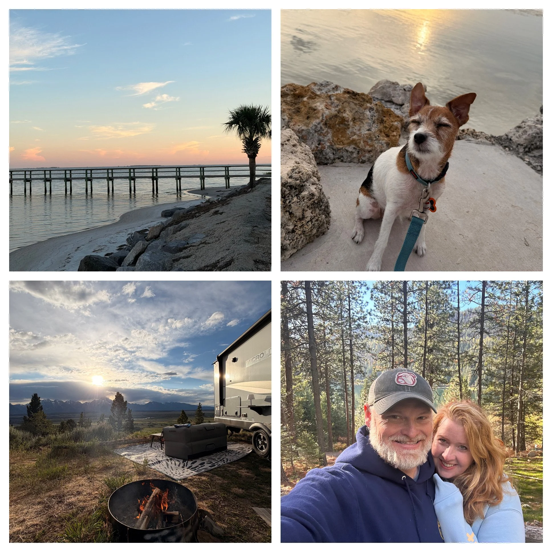 Glampalong photos from the road- a beach view from Florida, the rig from Wyoming, the dog on the beach in the Florida Keys, and the founders (Rodney and Dawn) in the Idaho woods