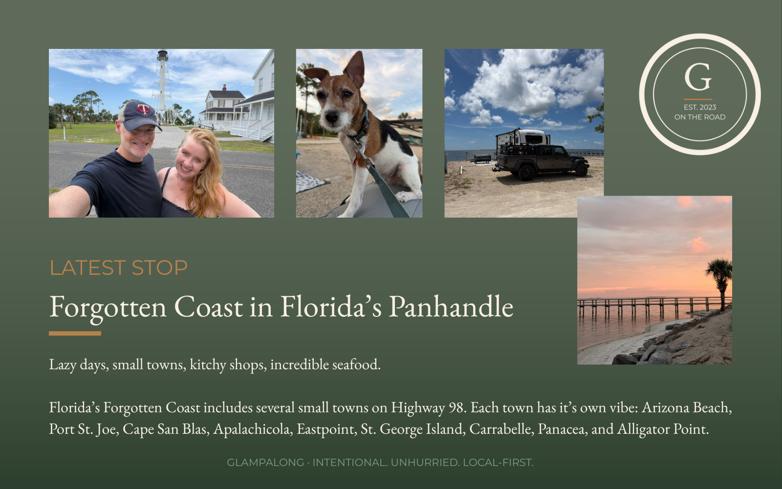 A postcard-style image with a man and woman in front of a lighthouse, a dog on the beach, sunset over the ocean, and a travel trailer/truck set up on the waterfront