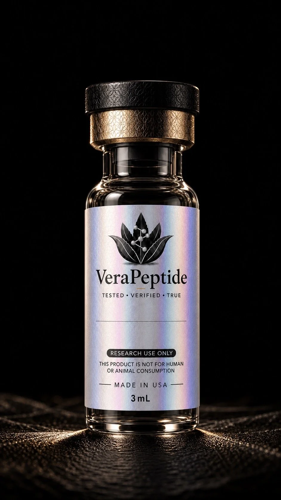 A small glass bottle labeled Vera Peptide with a black and gold cap, placed on a dark textured surface against a black background.
