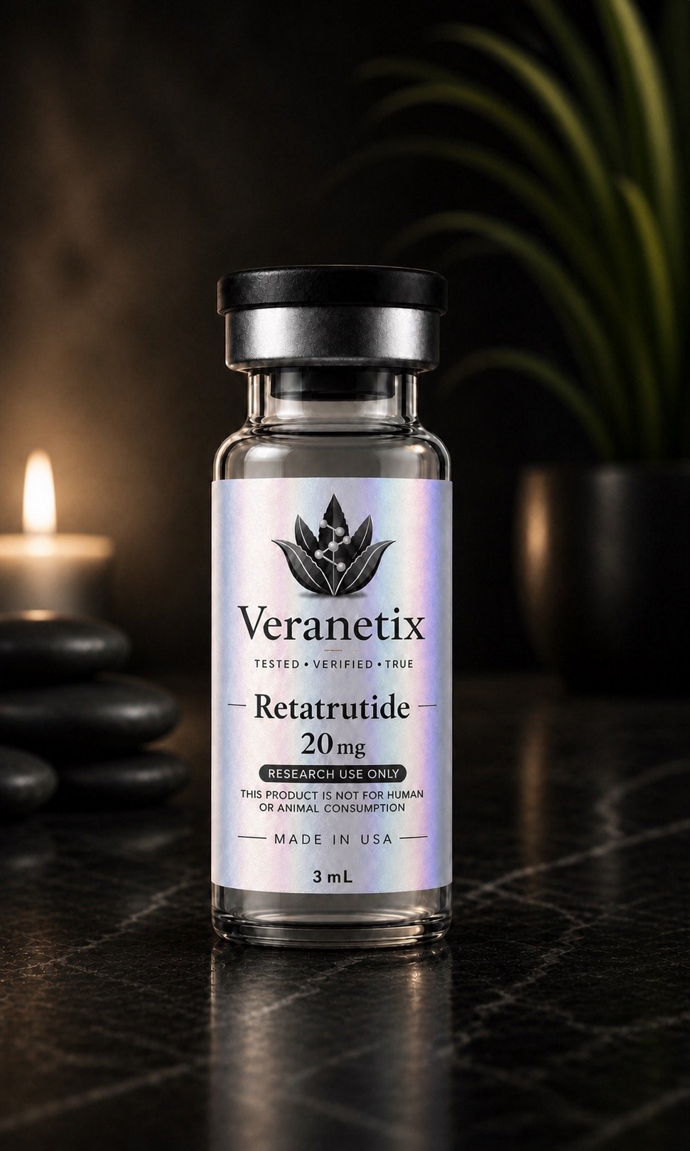 A small glass vial labeled "Veranetik Retatrutide 20 mg" with a cannabis leaf logo, placed on a dark surface with a lit candle and potted plant in the background.