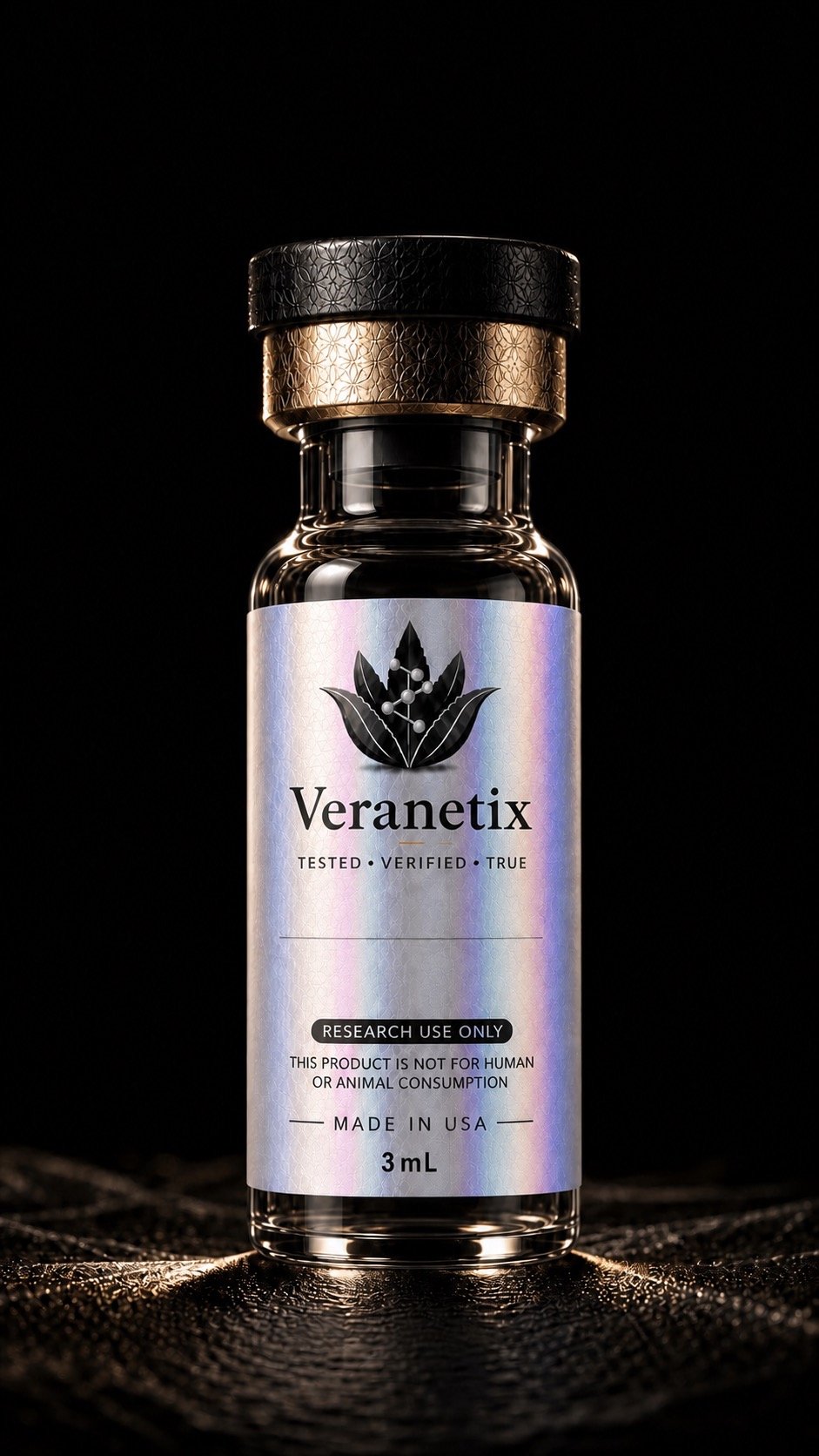 A small glass vial with a holographic label reading Veranetix, containing a liquid, with a black and gold textured lid, against a black background.