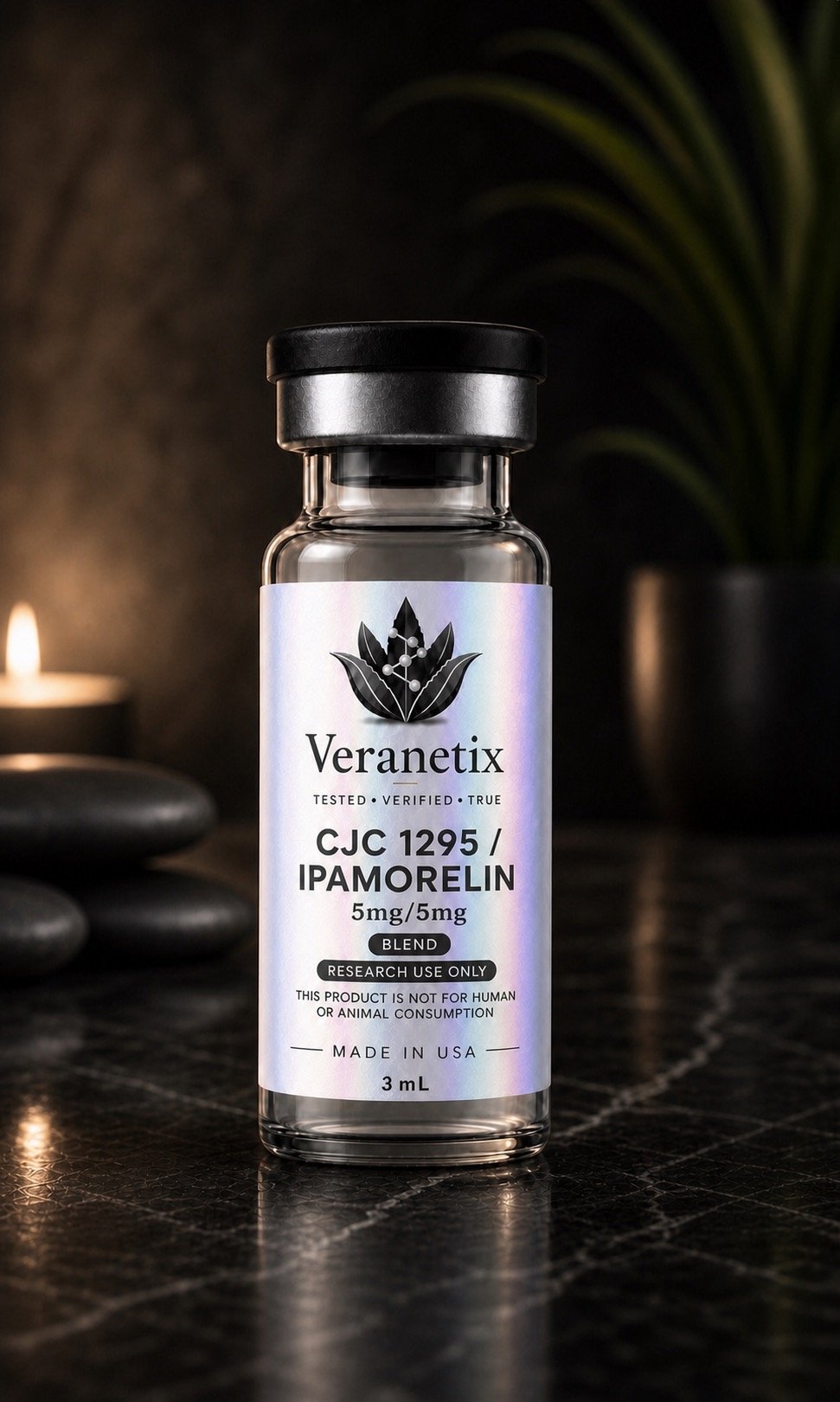 A small glass bottle labeled Veranex containing research chemicals CJC 1295 and Ipamorelin, designed for research use only, made in the USA, with a black cap, placed on a dark textured surface with black stones and candles in the background.