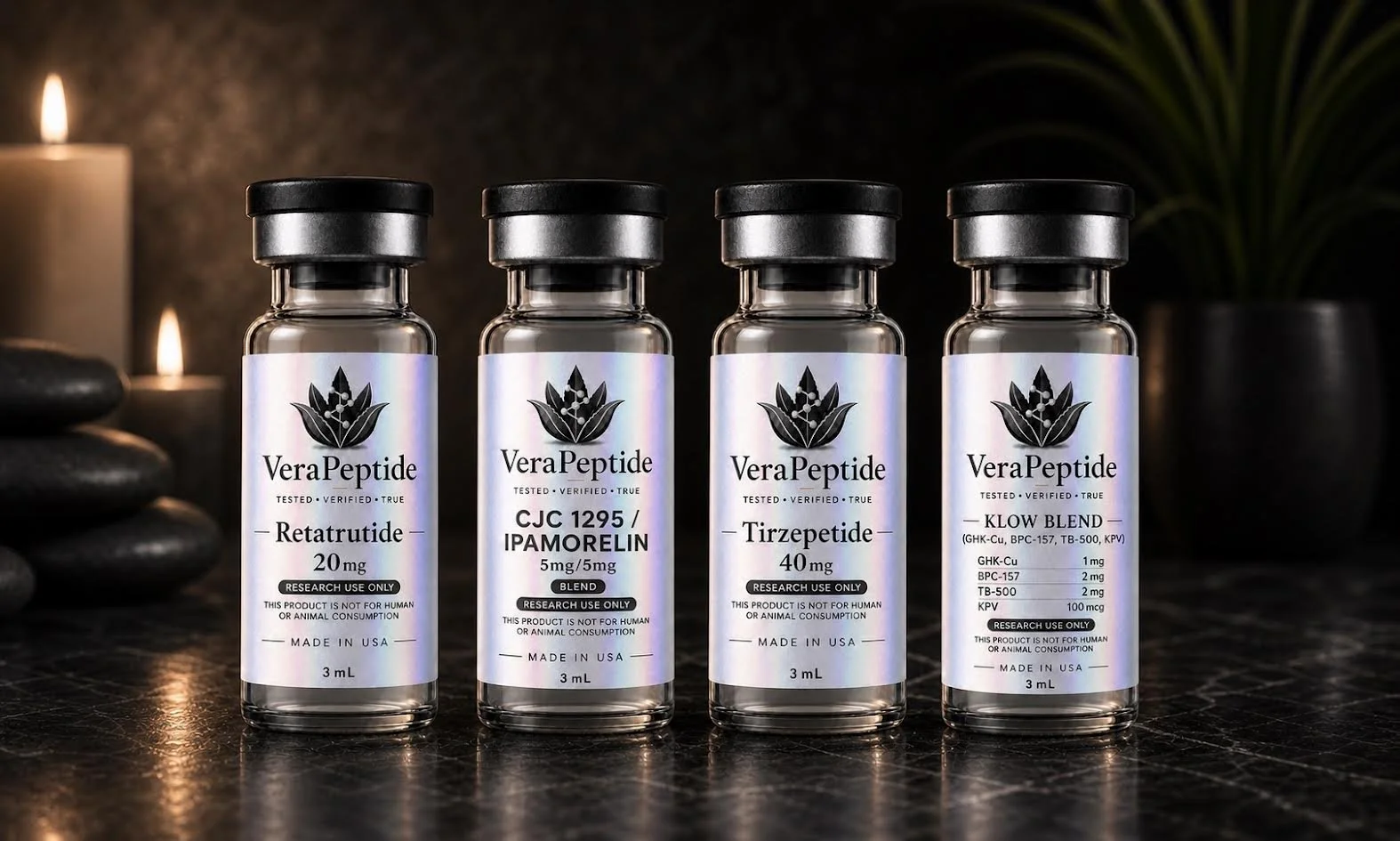 Four bottles of VeraPeptide serum are displayed on a dark surface with candles and a plant in the background.