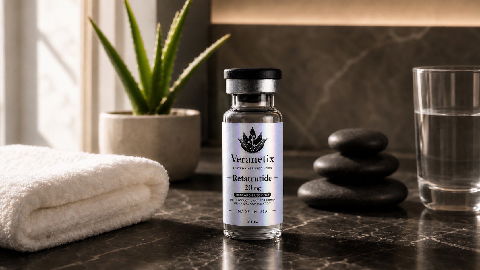 A bottle of Veranetix Retatrutide 20 mg supplement on a bathroom countertop, with a potted aloe vera plant, a white towel, stacked black stones, a glass of water, and a window in the background.