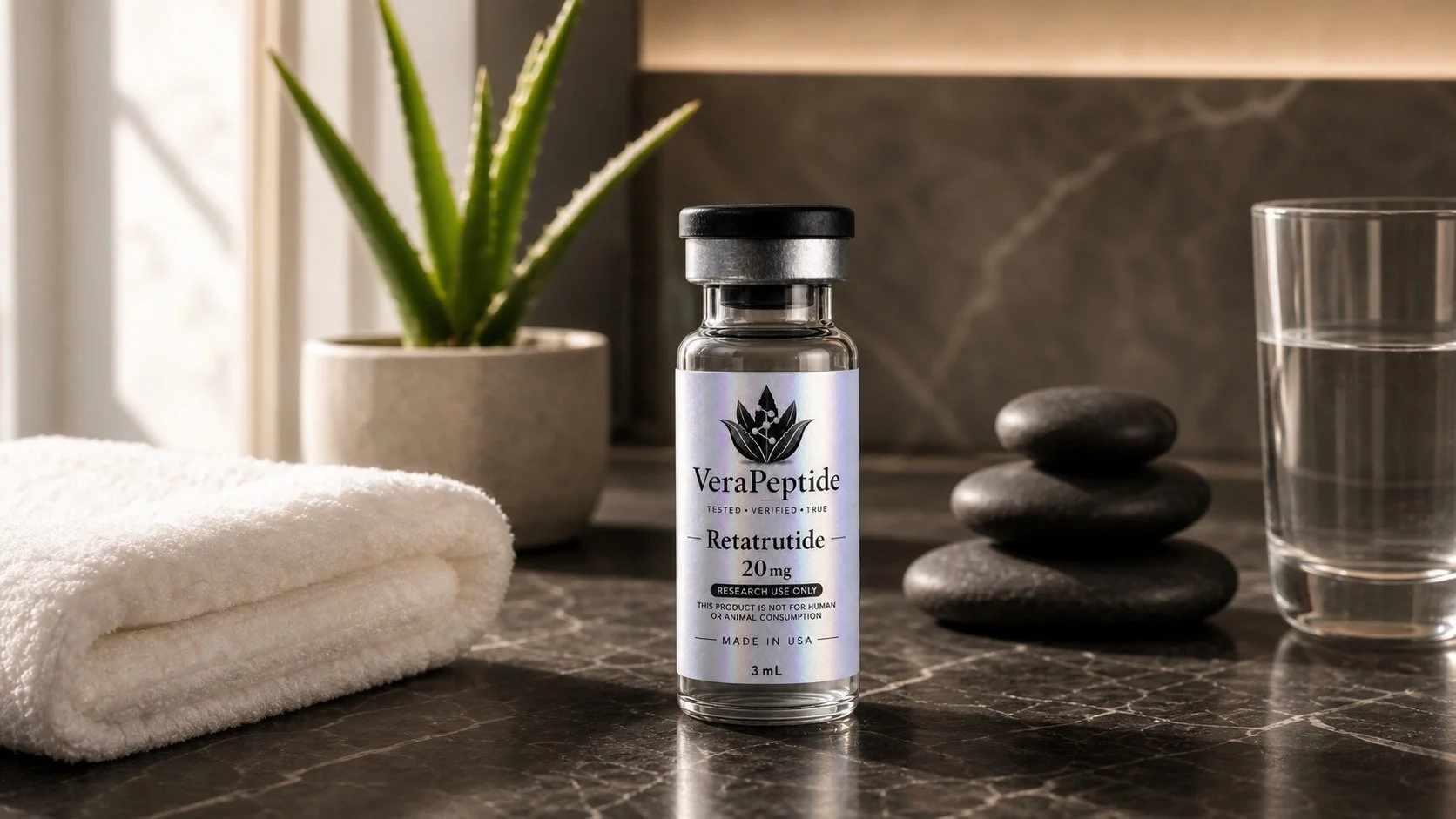 A small glass vial labeled VeraPeptide Retatrutide 20 mg, marked for research use only, placed on a marble surface with a plant, a folded towel, a glass of water, and stacked stones nearby.