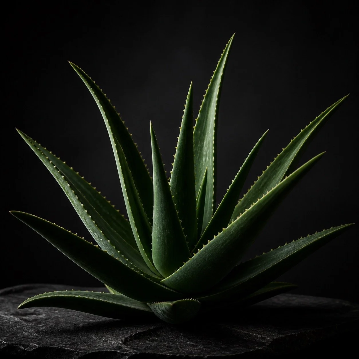 A close-up of an aloe vera plant with thick, spiked green leaves, set against a dark background.