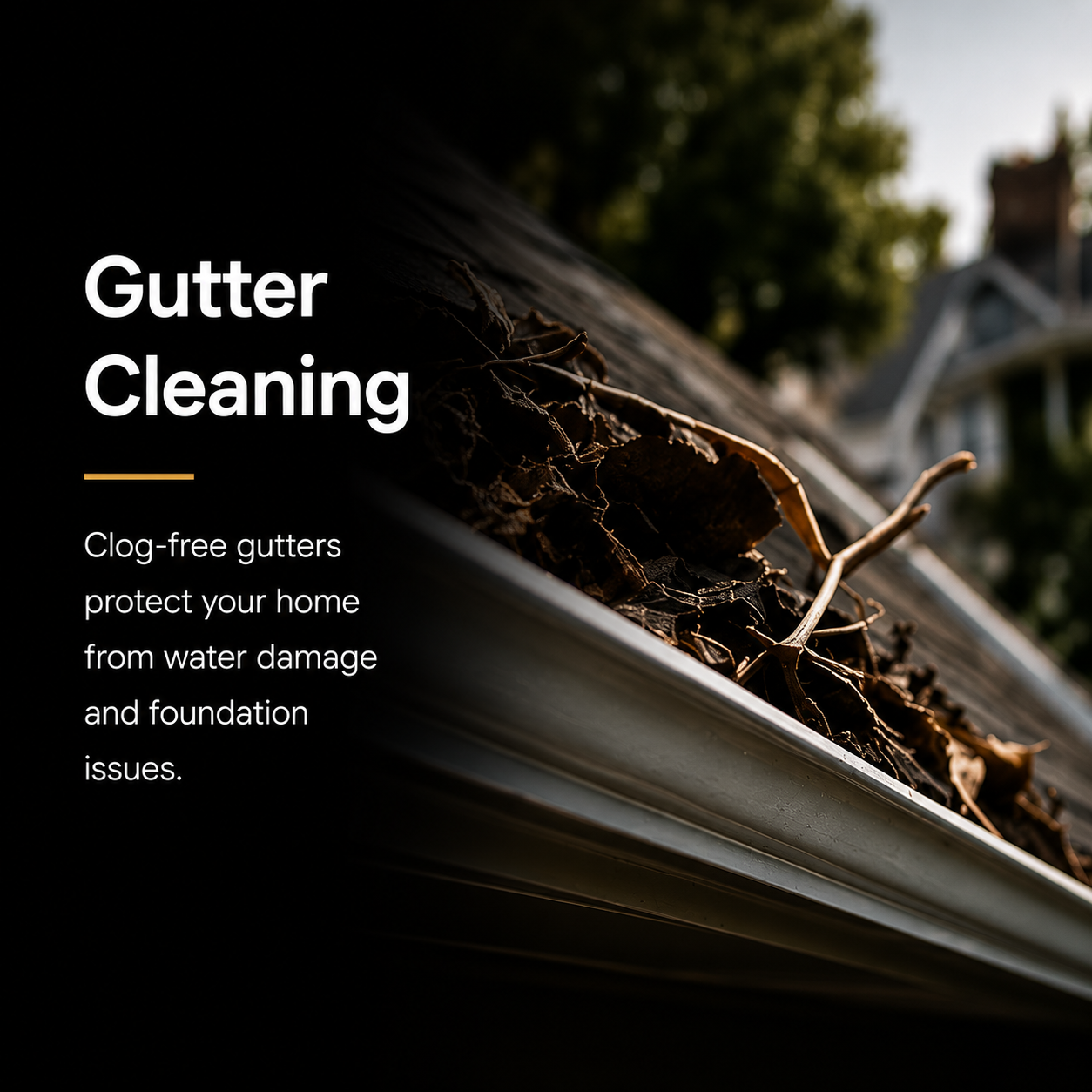 A close-up photo of a gutter filled with dry leaves and debris, with a house and trees in the background.