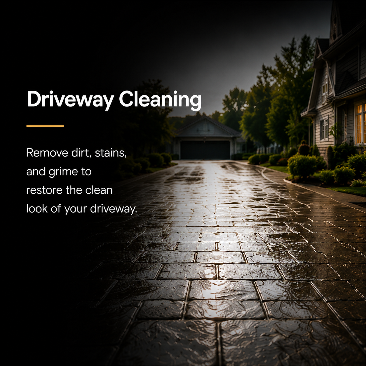 Residential driveway with wet, clean brick pavers, lined with greenery and houses, at sunset or sunrise.