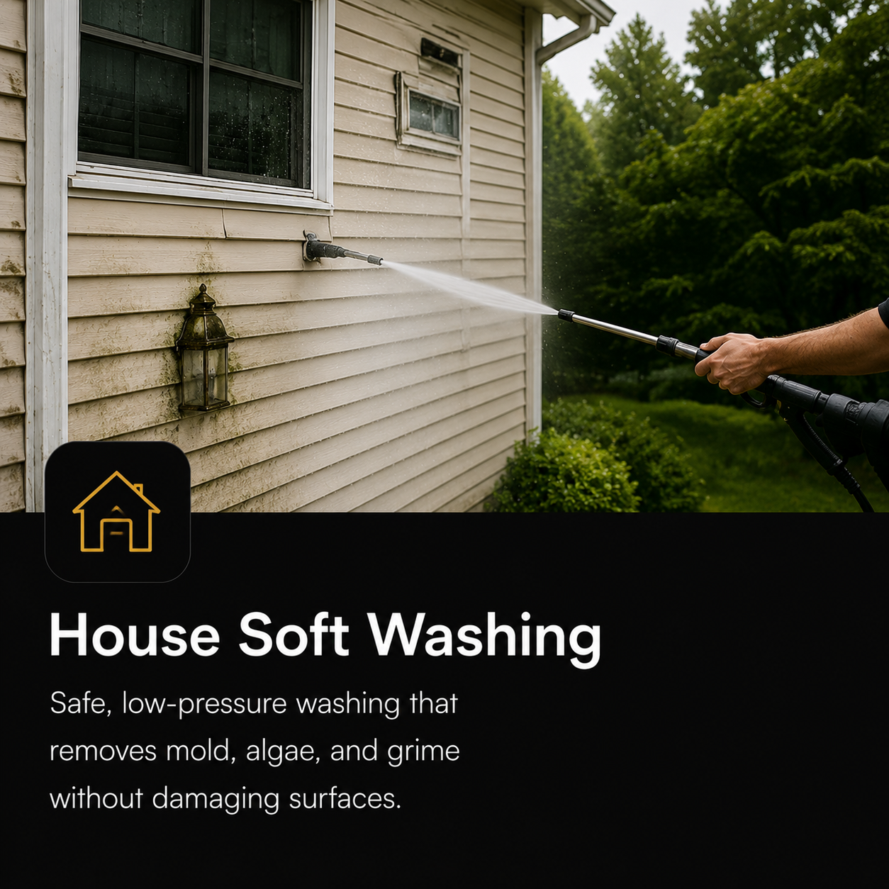 Person washing the exterior siding of a house with a low-pressure hose, removing dirt and grime.